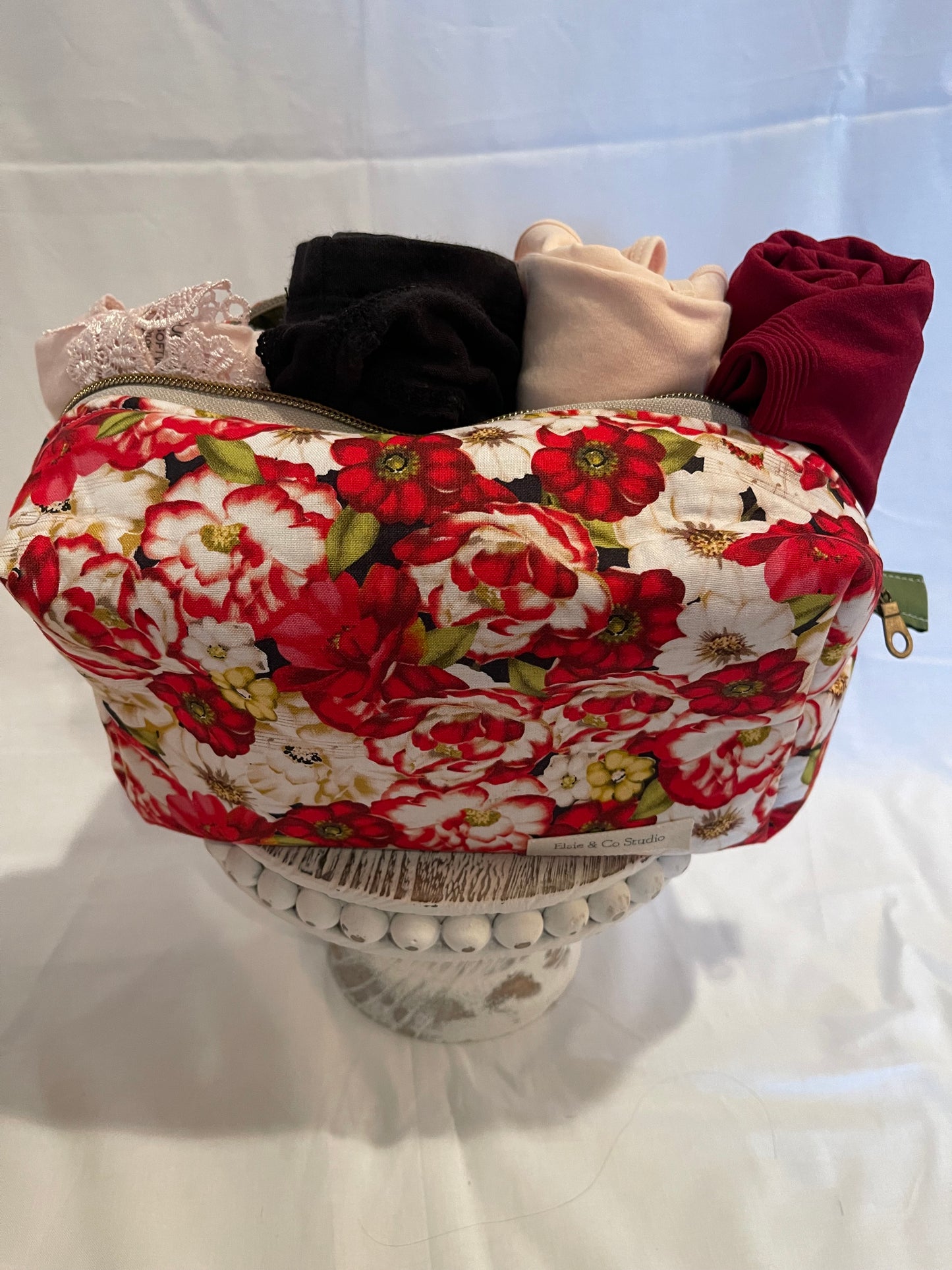 Large Red Floral Cosmetic Bag