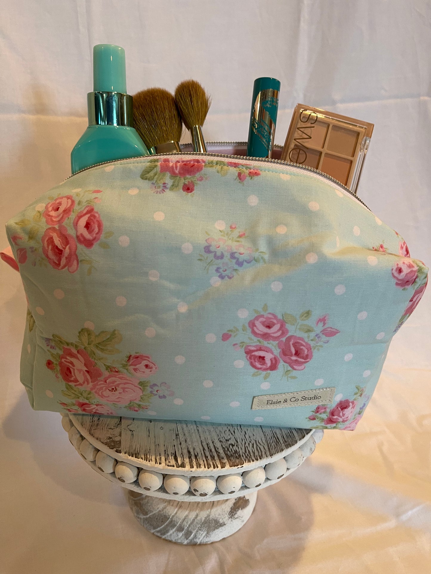 Large Blue with Pink Floral Cosmetic Bag