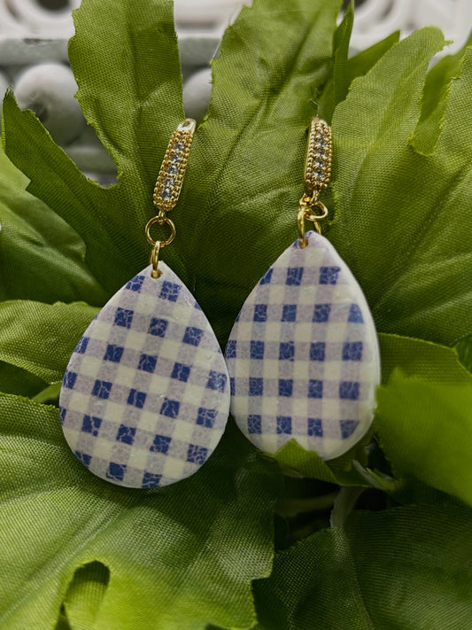 Blue Gingham Check Polymer Clay Earrings