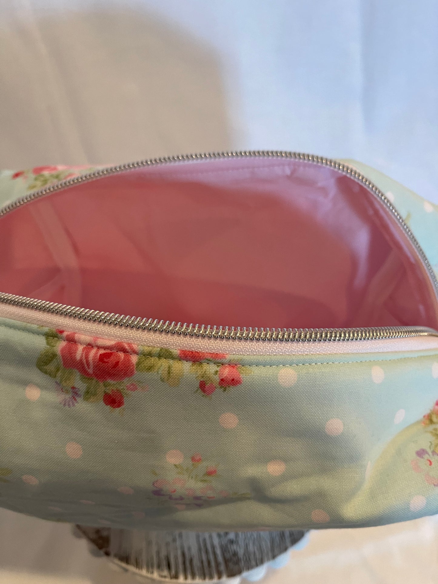 Large Blue with Pink Floral Cosmetic Bag