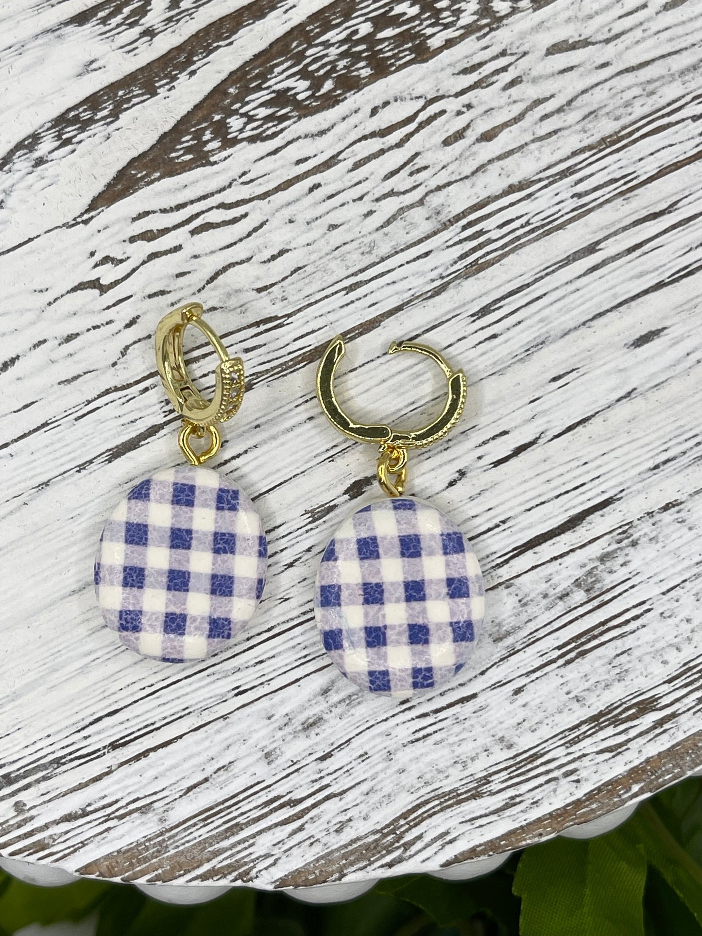 Blue Gingham Check Polymer Clay Earrings