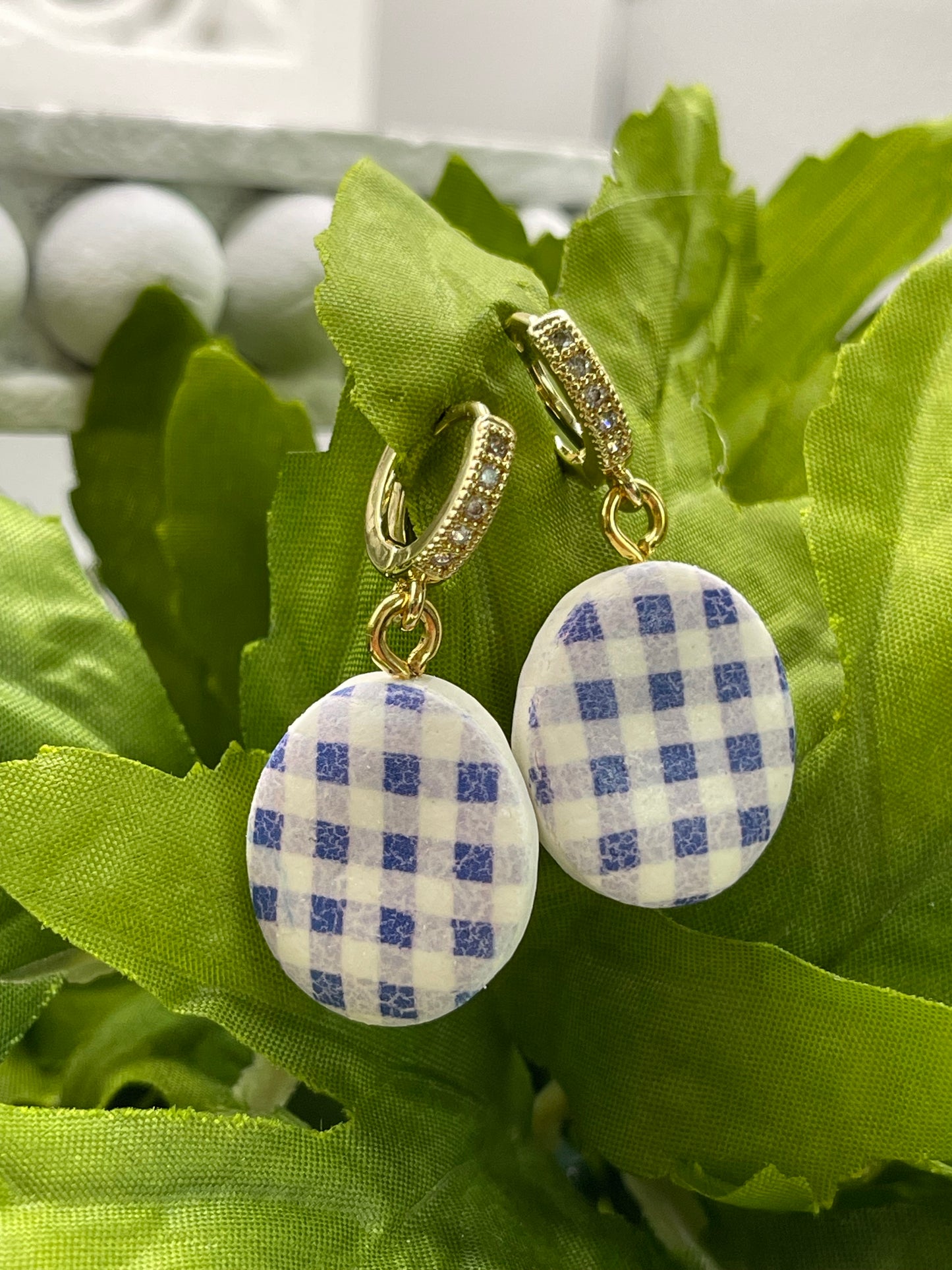Blue Gingham Check Polymer Clay Earrings