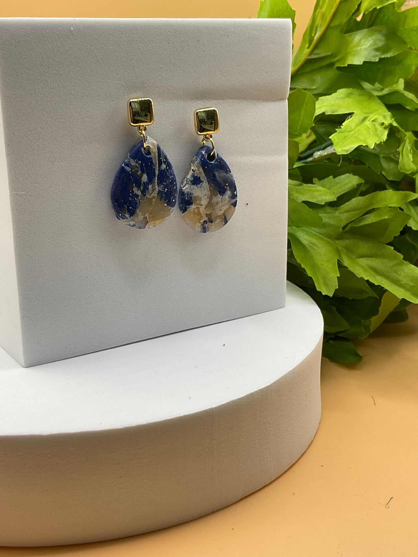 Blue Swirl and Gold Square Stud Polymer Clay Earrings