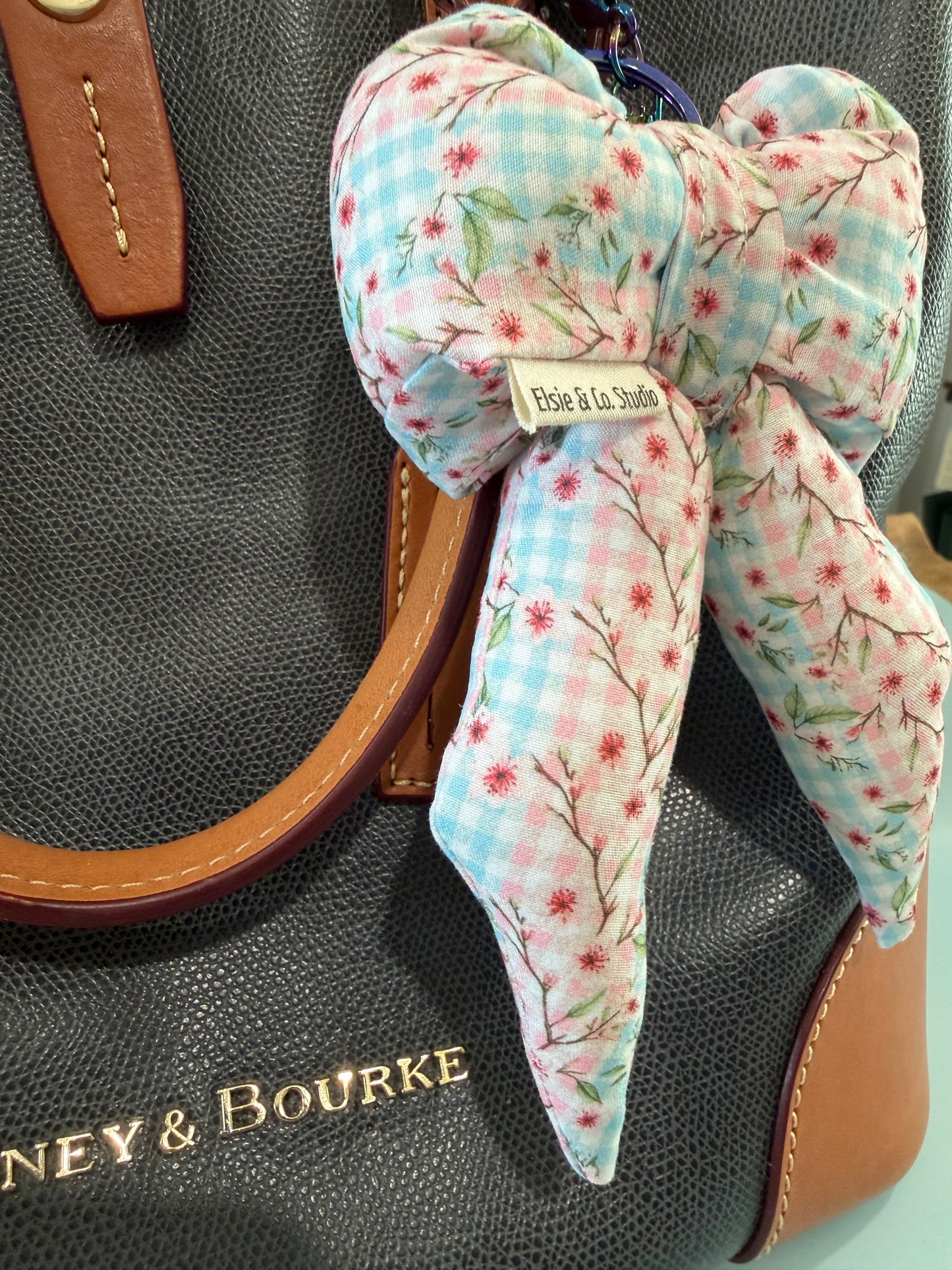 Puffy Bow Purse Charm, Pink & Blue Gingham with Cherry Blossoms