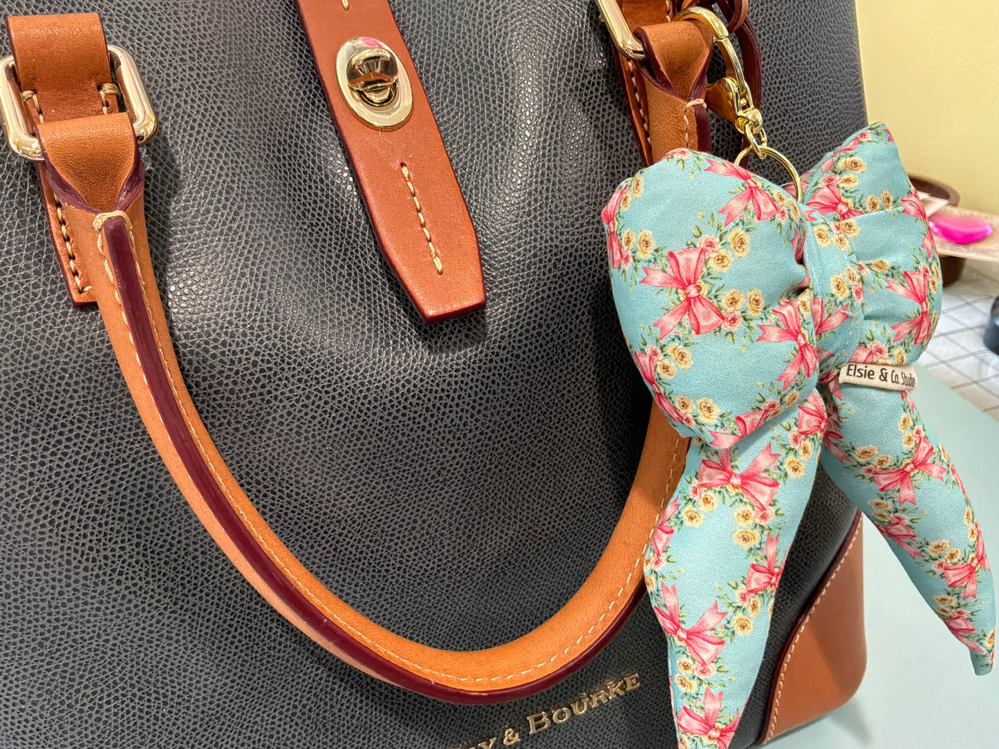 Puffy Bow Purse Charm, Blue With Pink Bows and Yellow Flowers Print
