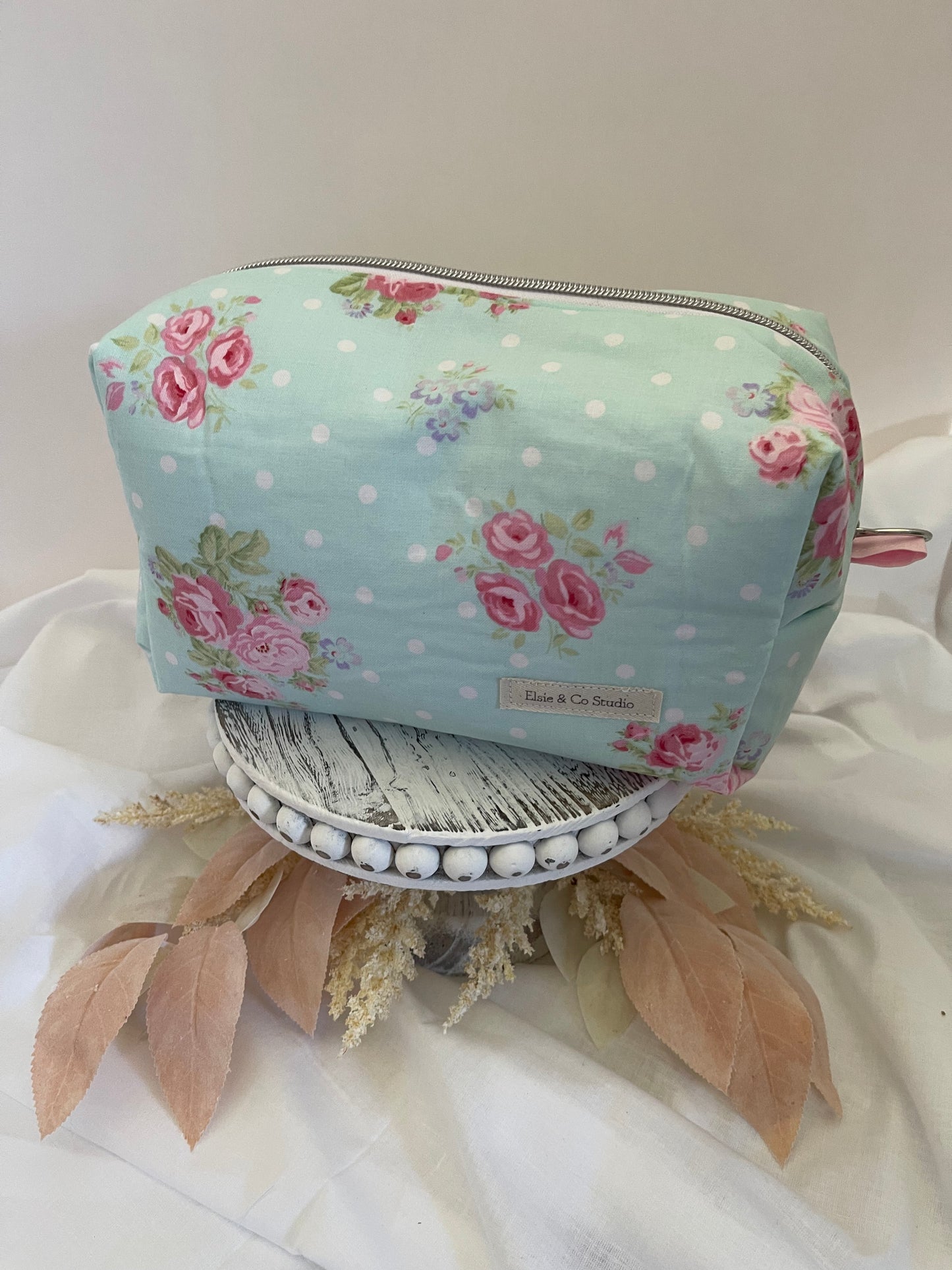 Large Blue with Pink Floral Cosmetic Bag