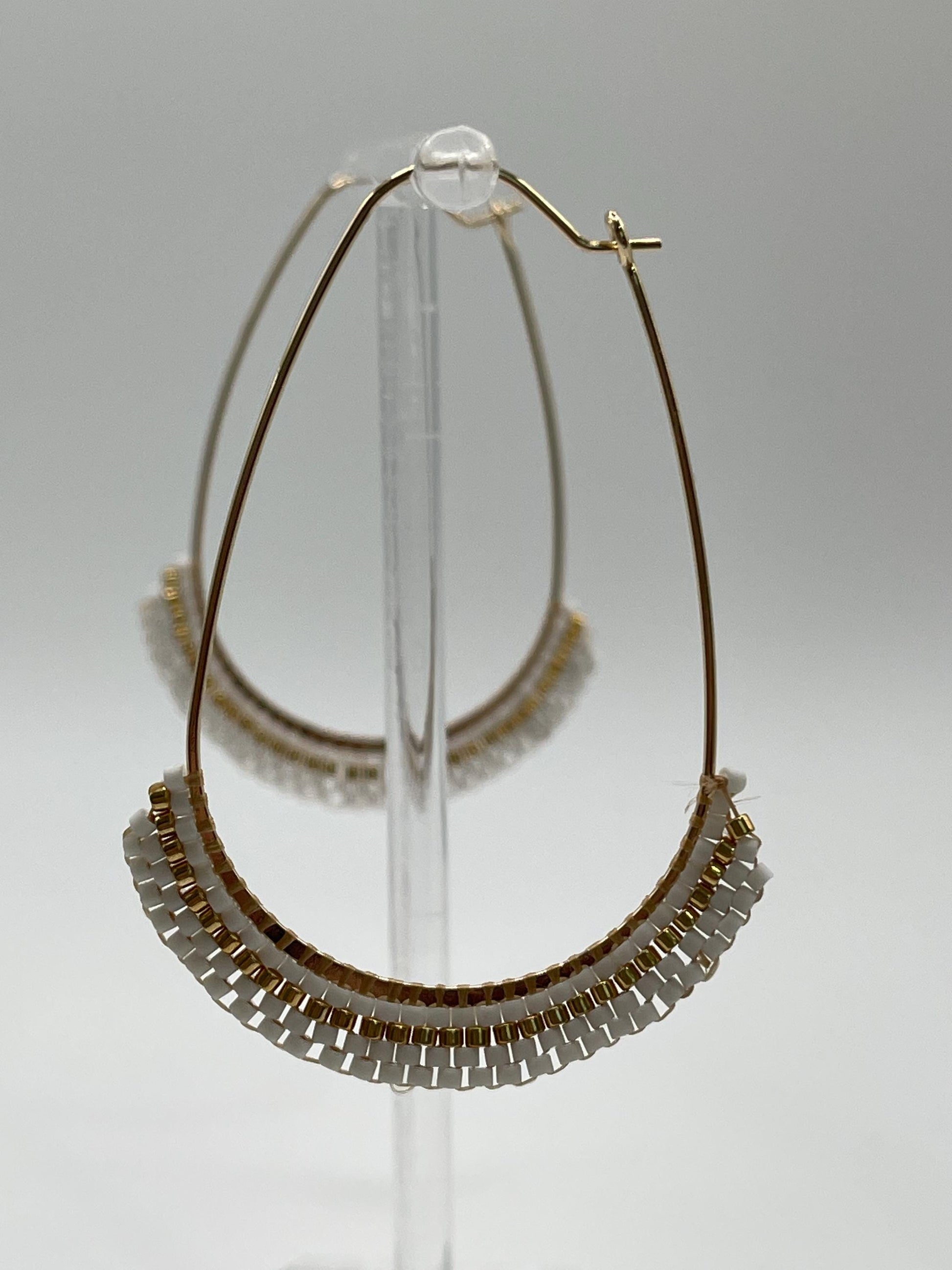 White and Gold-tone Elongated Hoop Beaded Earrings