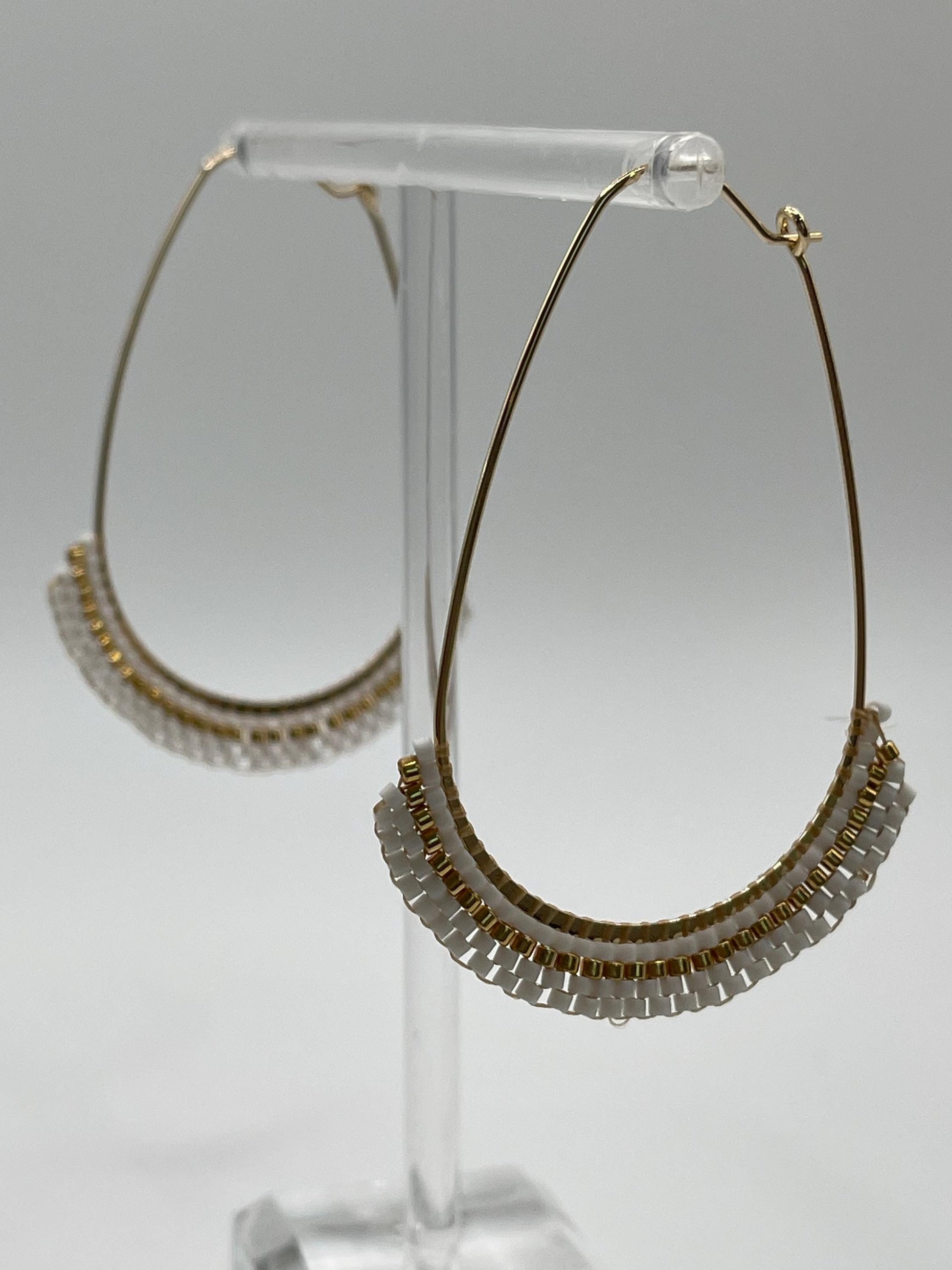 White and Gold-tone Elongated Hoop Beaded Earrings