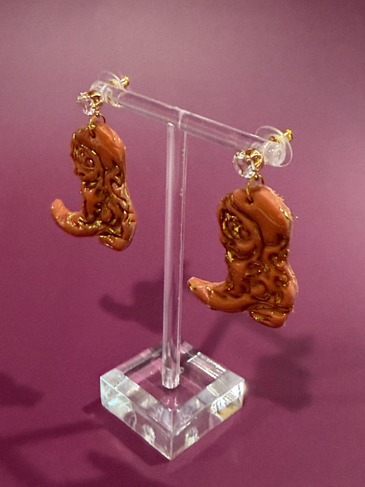 Brown and Gold Foiled Cowboy Boot Dangle Earrings