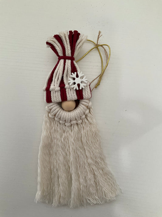 Red and Cream Macrame Gnome Ornament