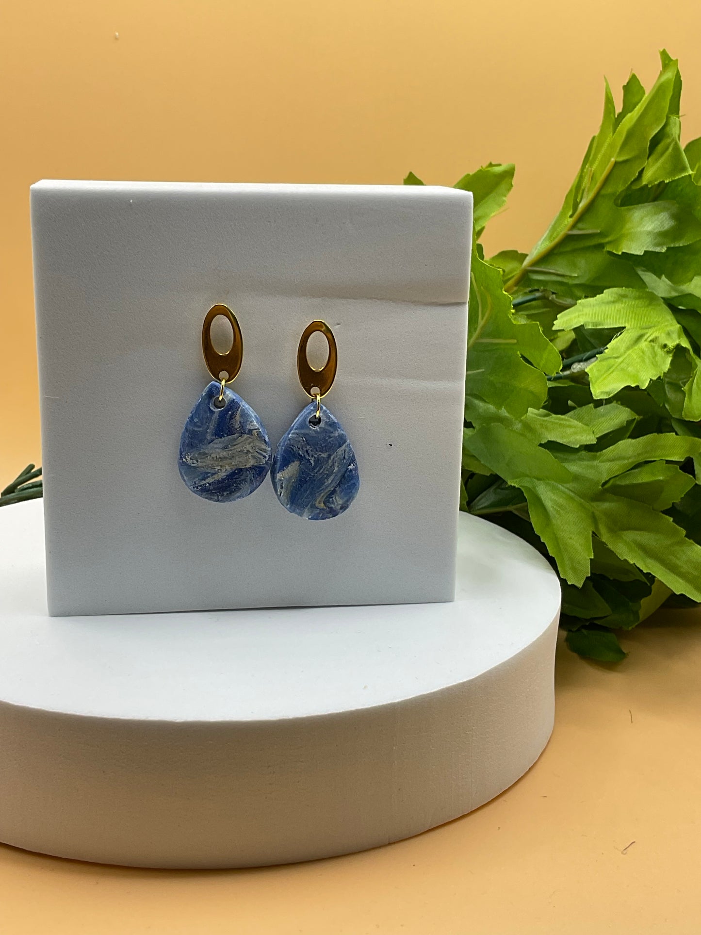 Blue Swirl and Gold Teardrop Polymer Clay Earrings