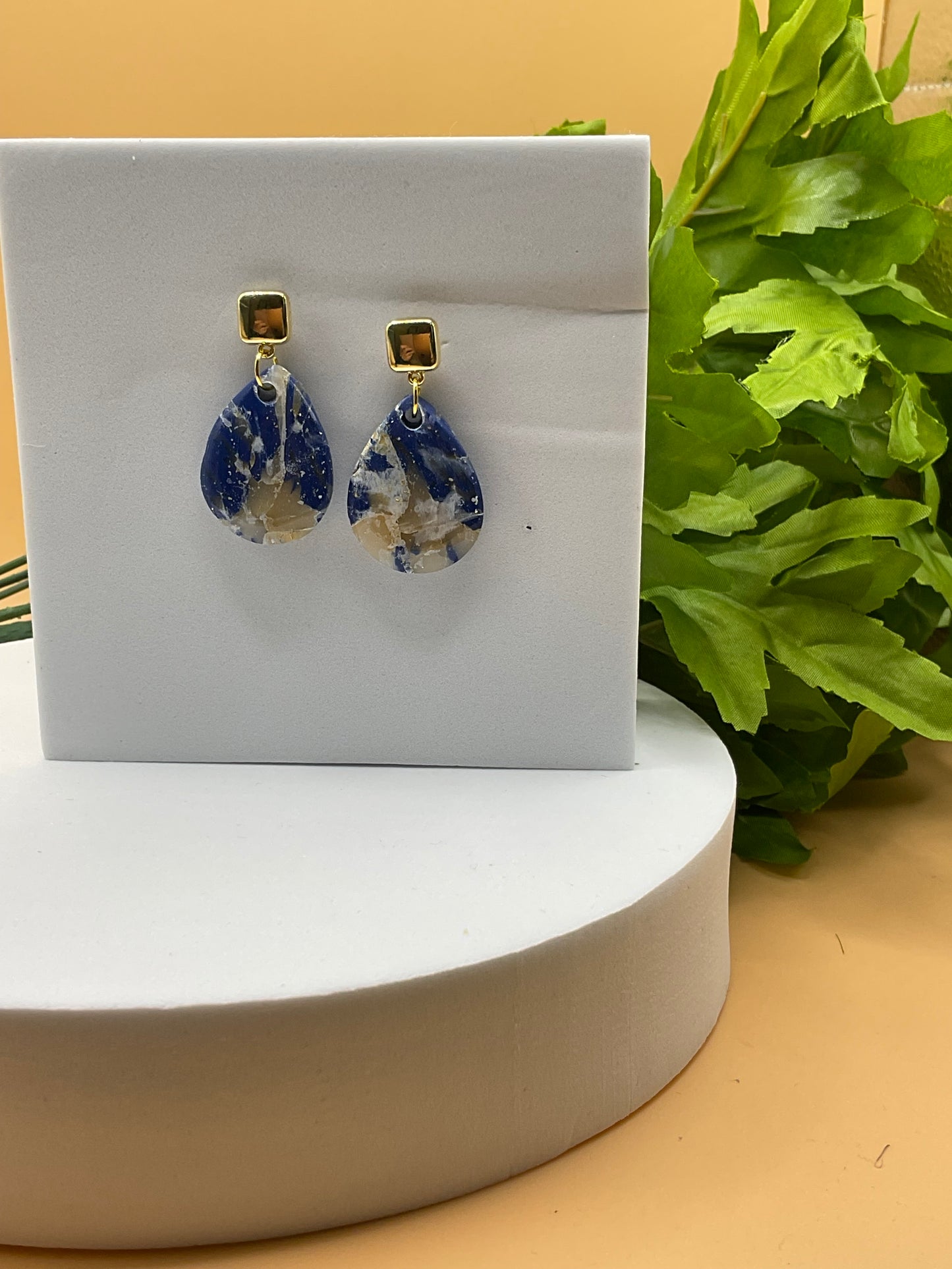 Blue Swirl and Gold Square Stud Polymer Clay Earrings