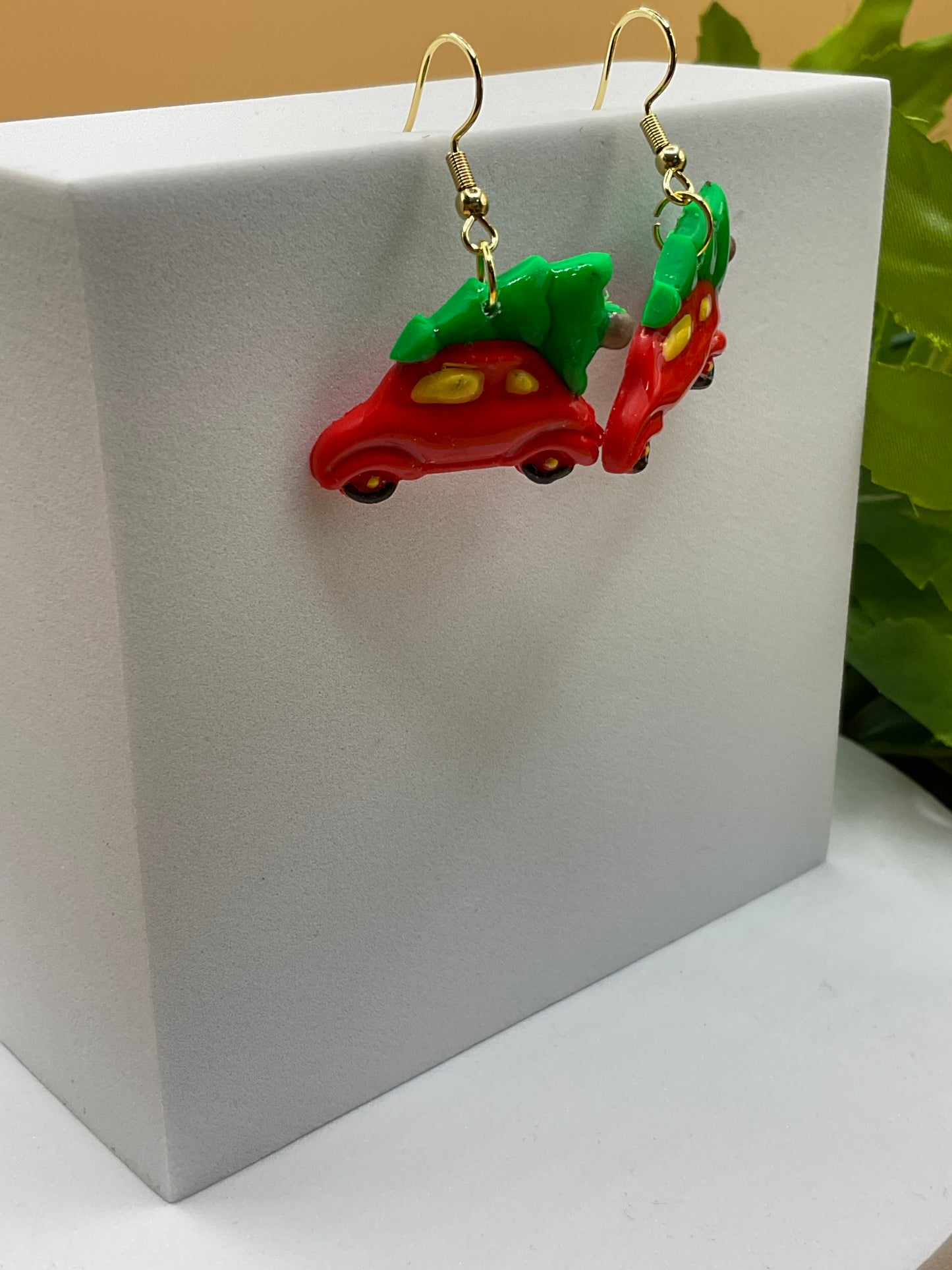 Car and Christmas Tree Dangle Earrings