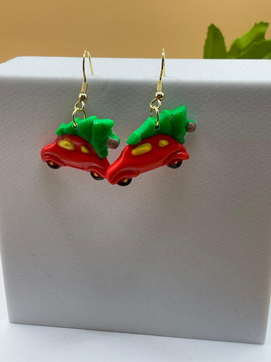 Car and Christmas Tree Dangle Earrings