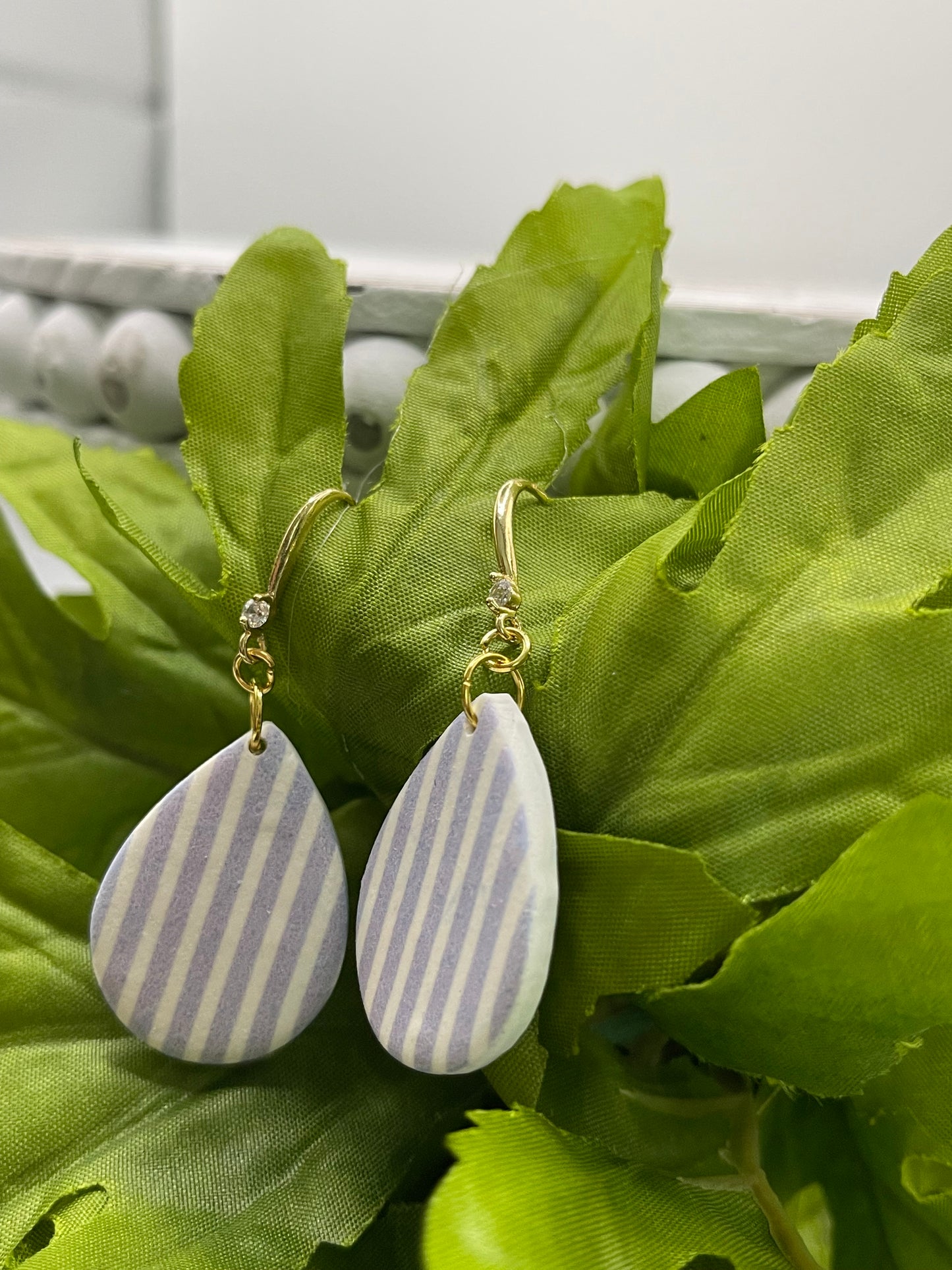 Blue chambray striped polymer clay earrings