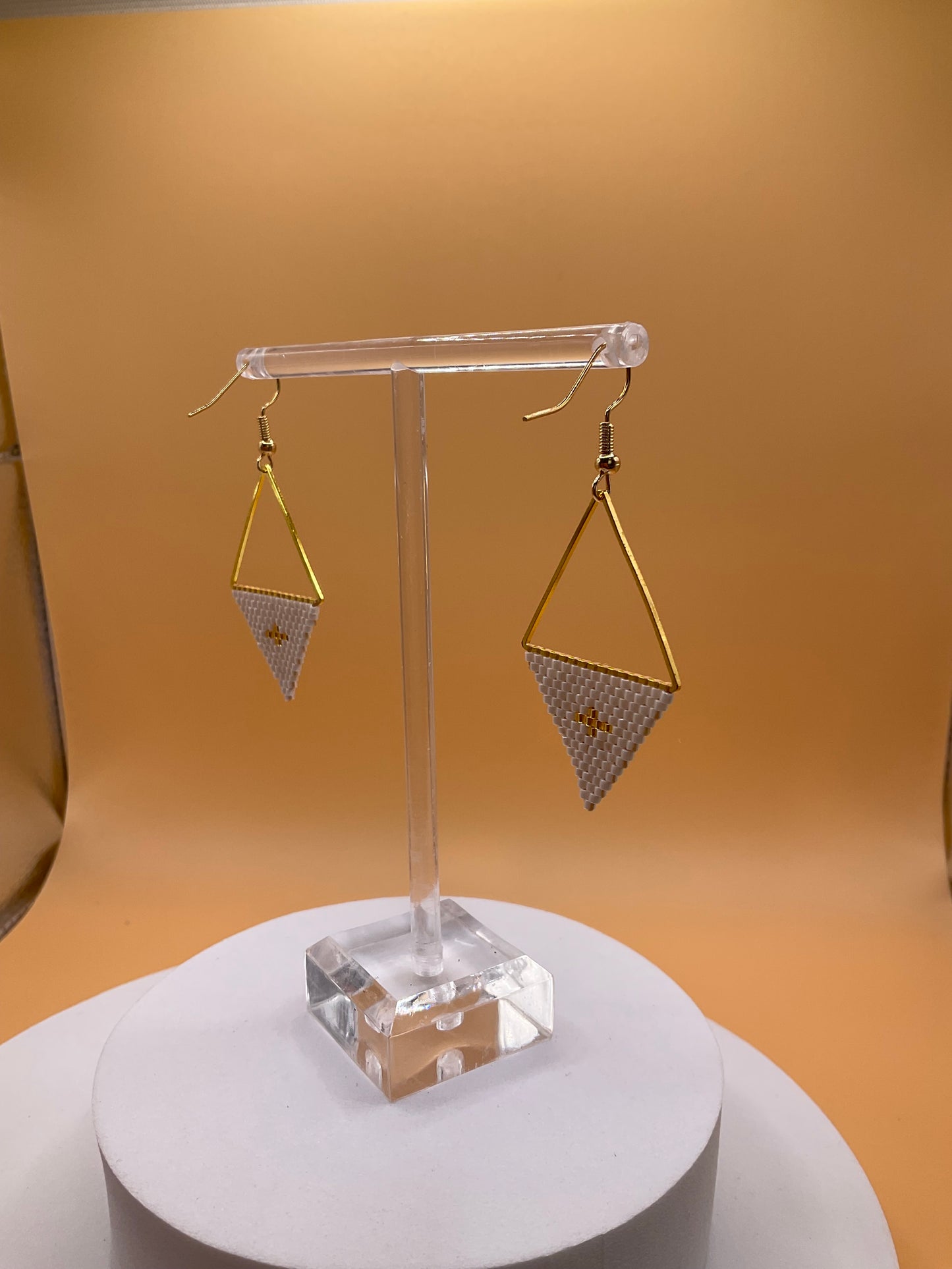 Gold and White Geometric Beaded Dangle Earrings