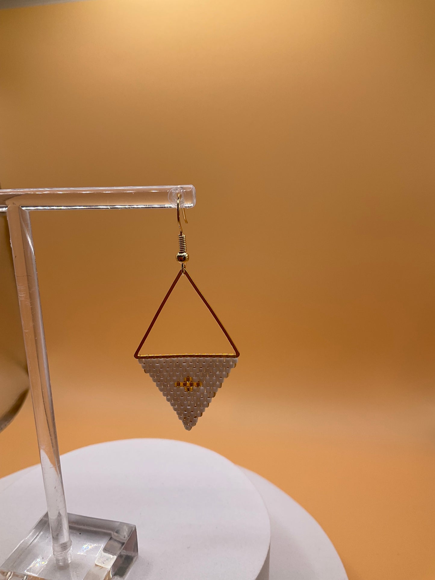 Gold and White Geometric Beaded Dangle Earrings