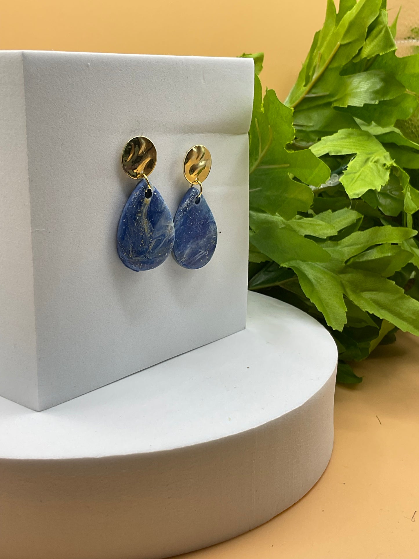 Blue Swirl and Gold Polymer Clay Earrings