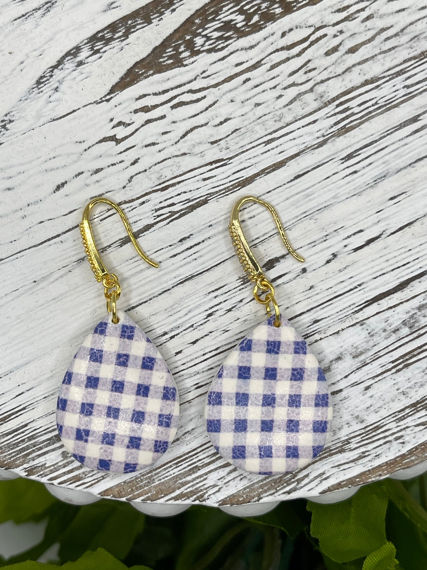 Blue Gingham Check Polymer Clay Earrings