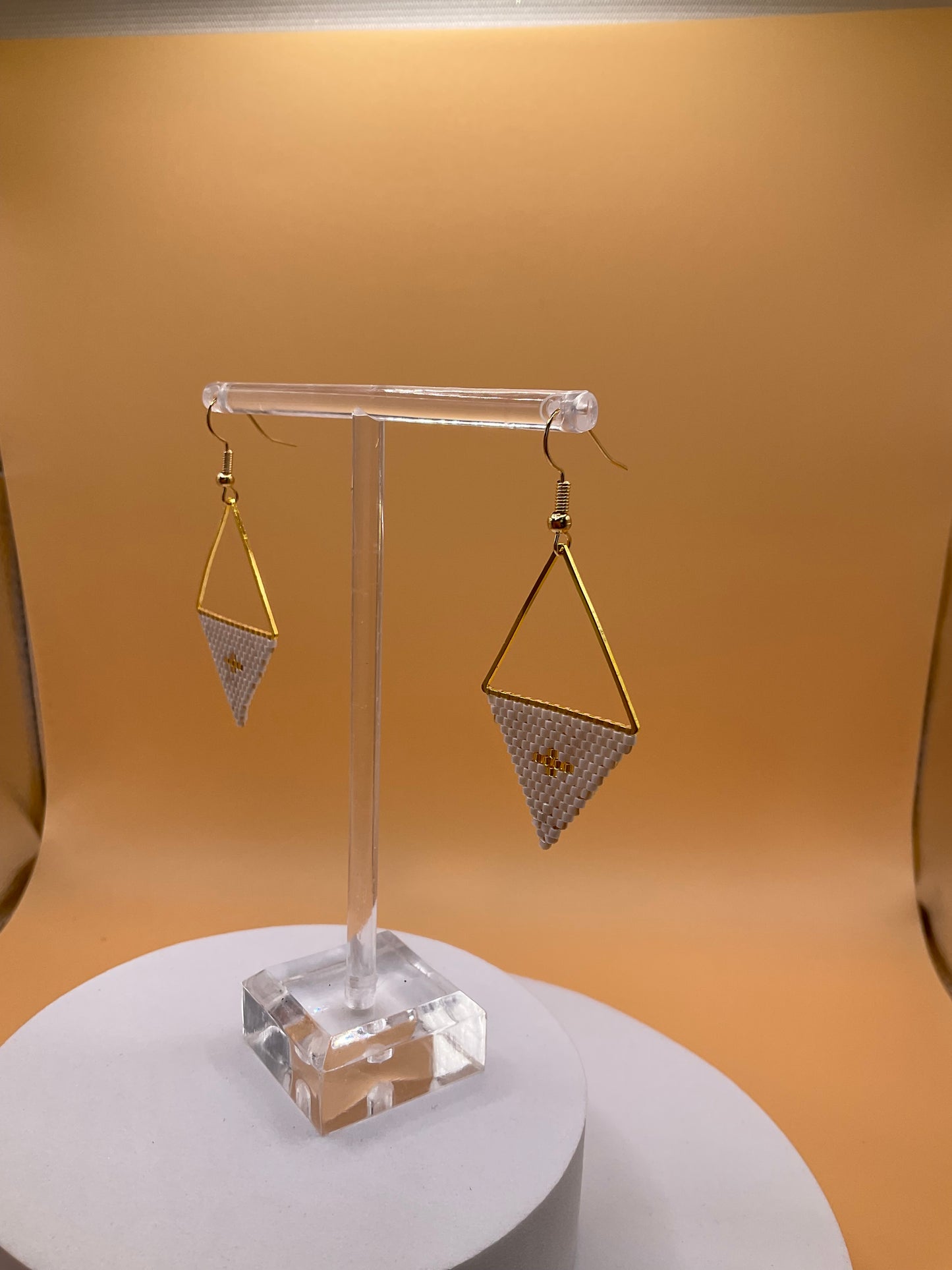 Gold and White Geometric Beaded Dangle Earrings