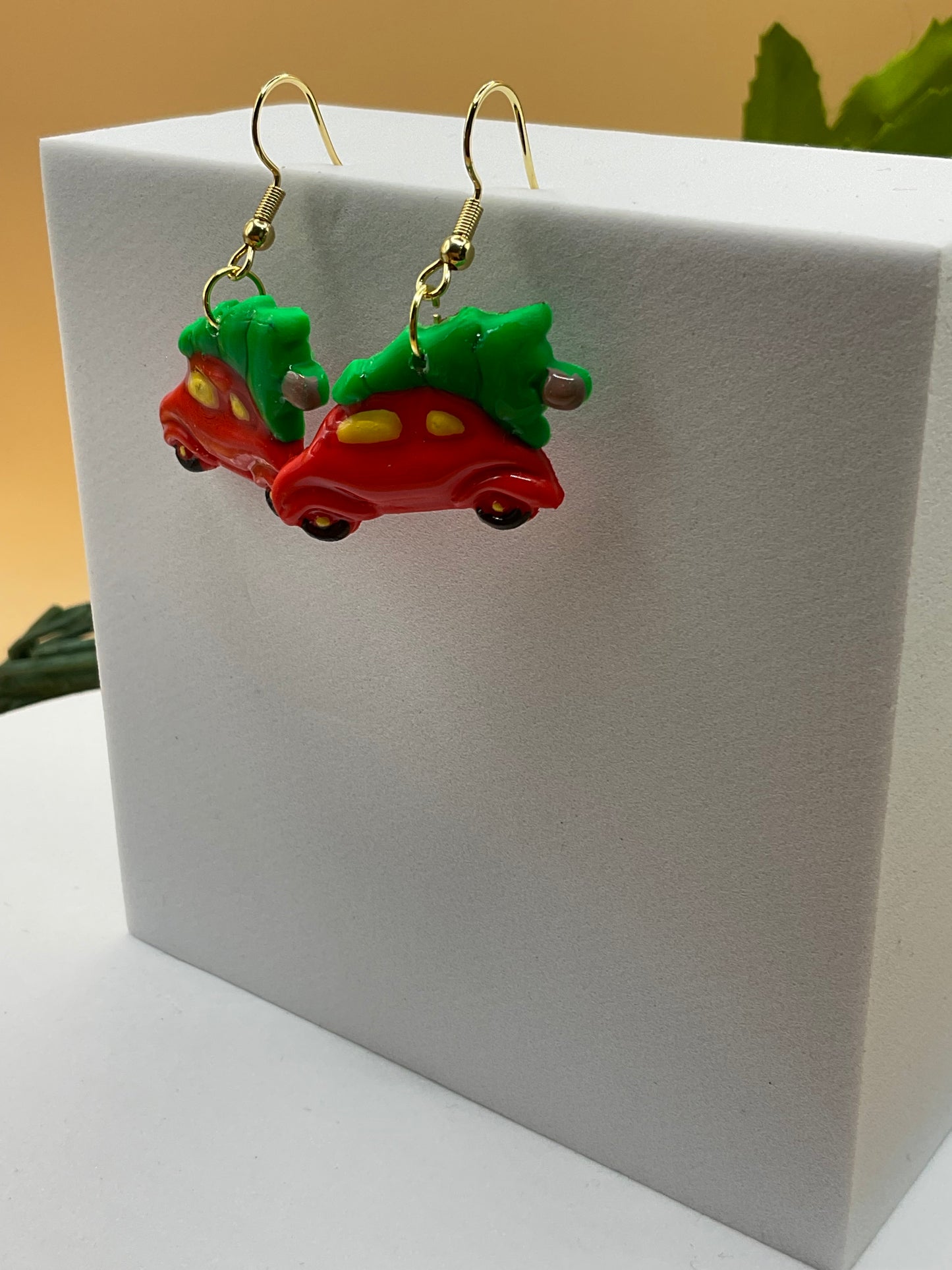 Car and Christmas Tree Dangle Earrings