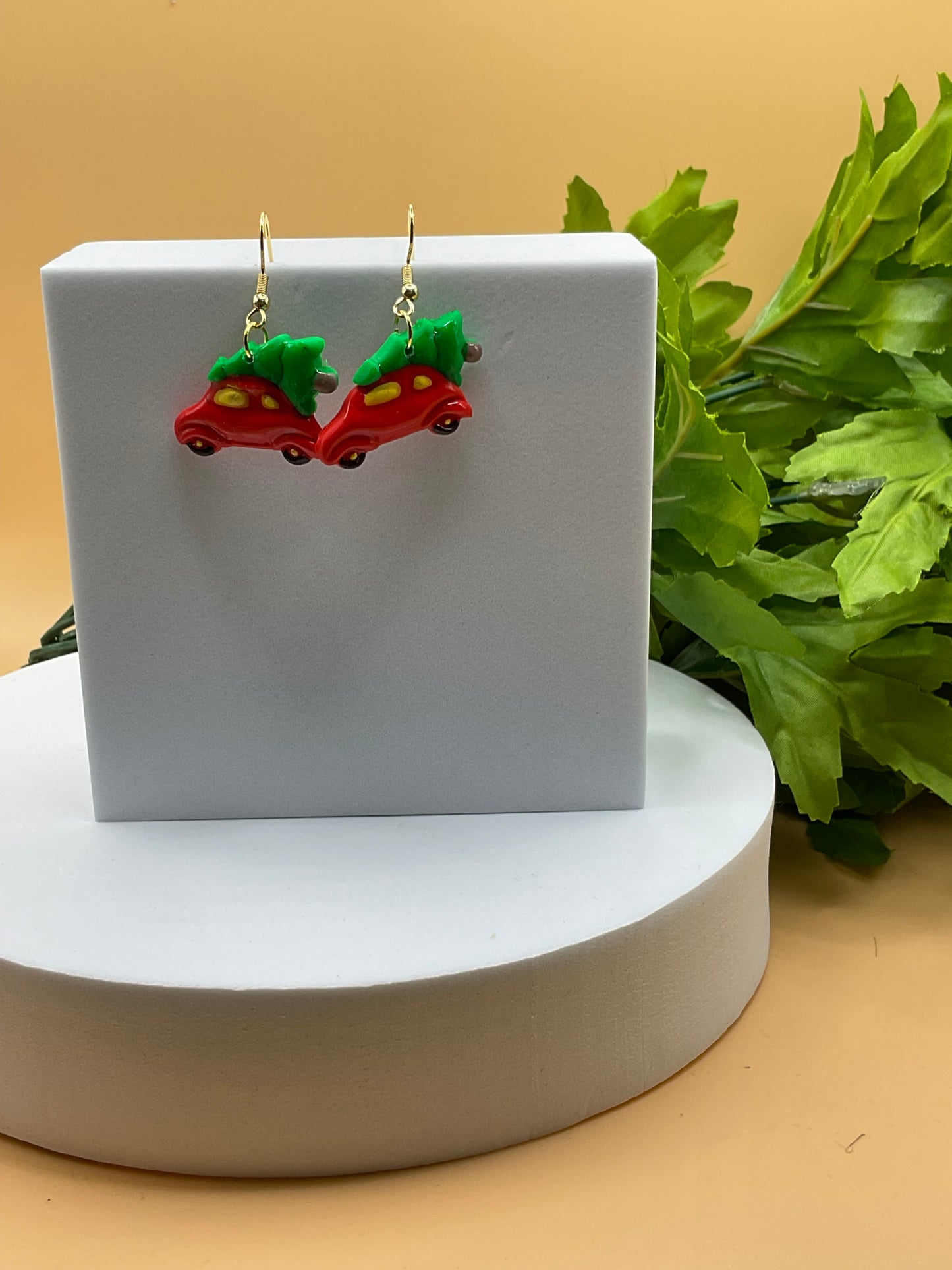 Car and Christmas Tree Dangle Earrings