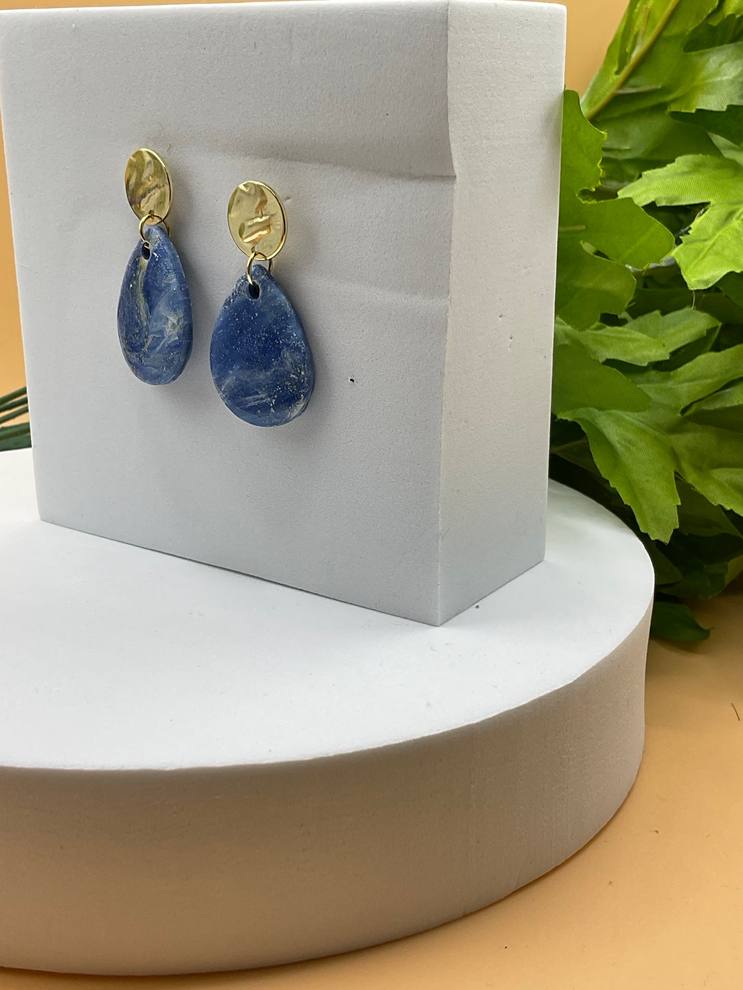 Blue Swirl and Gold Polymer Clay Earrings