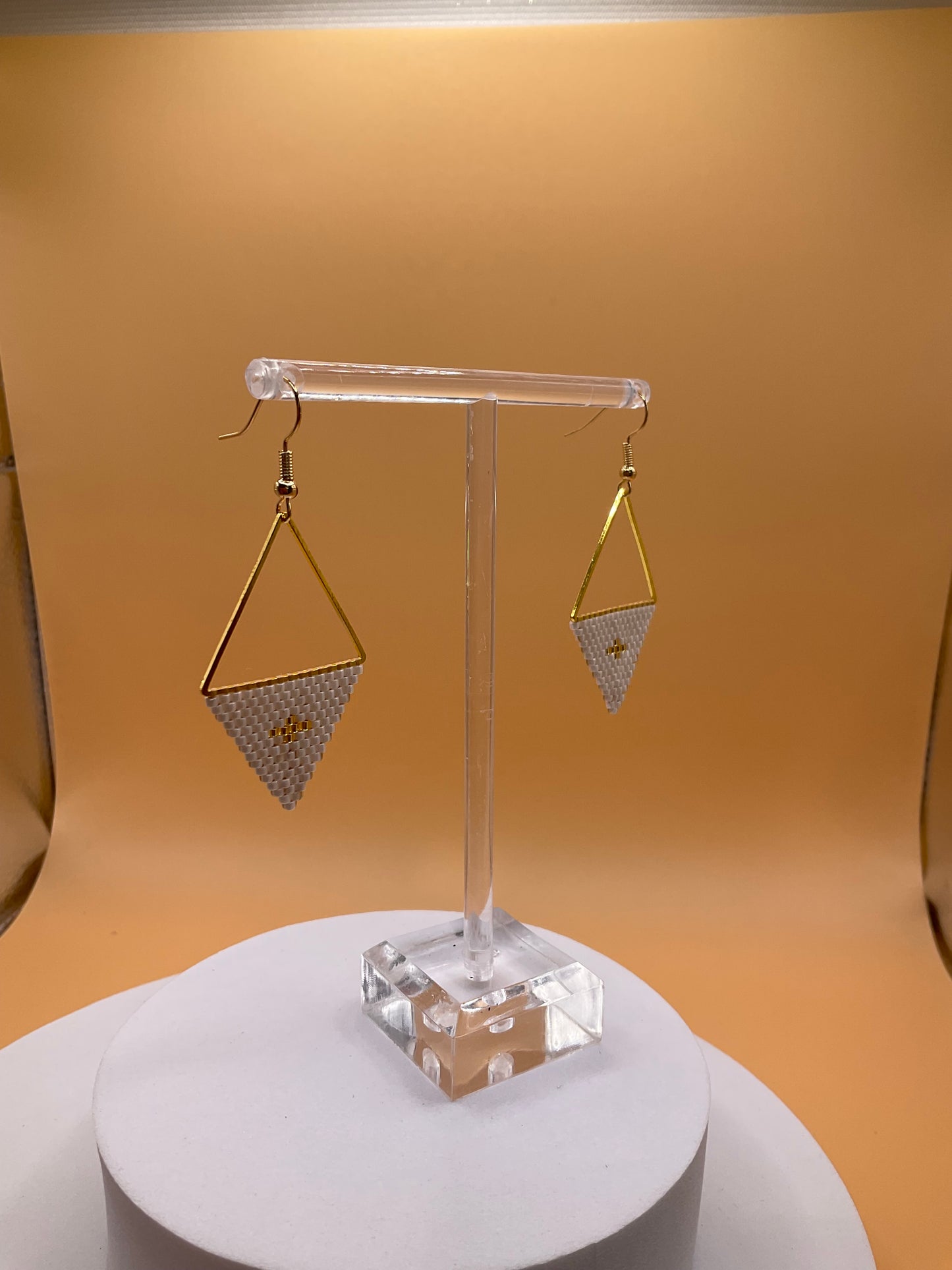 Gold and White Geometric Beaded Dangle Earrings