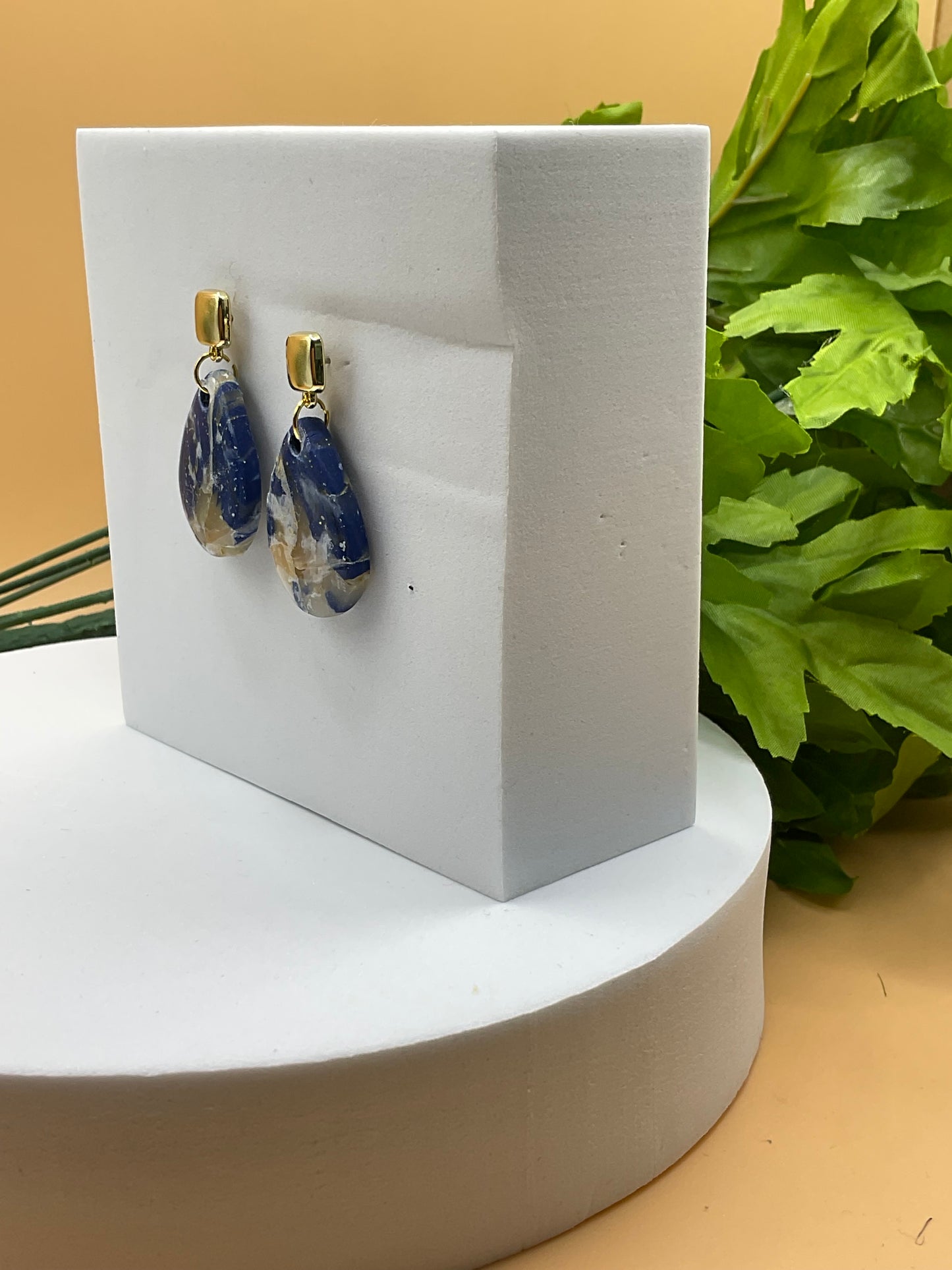 Blue Swirl and Gold Square Stud Polymer Clay Earrings