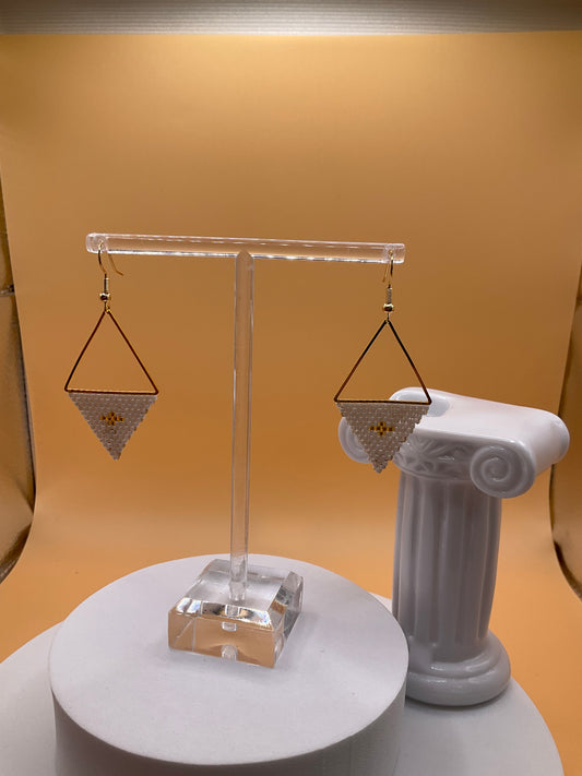 Gold and White Geometric Beaded Dangle Earrings