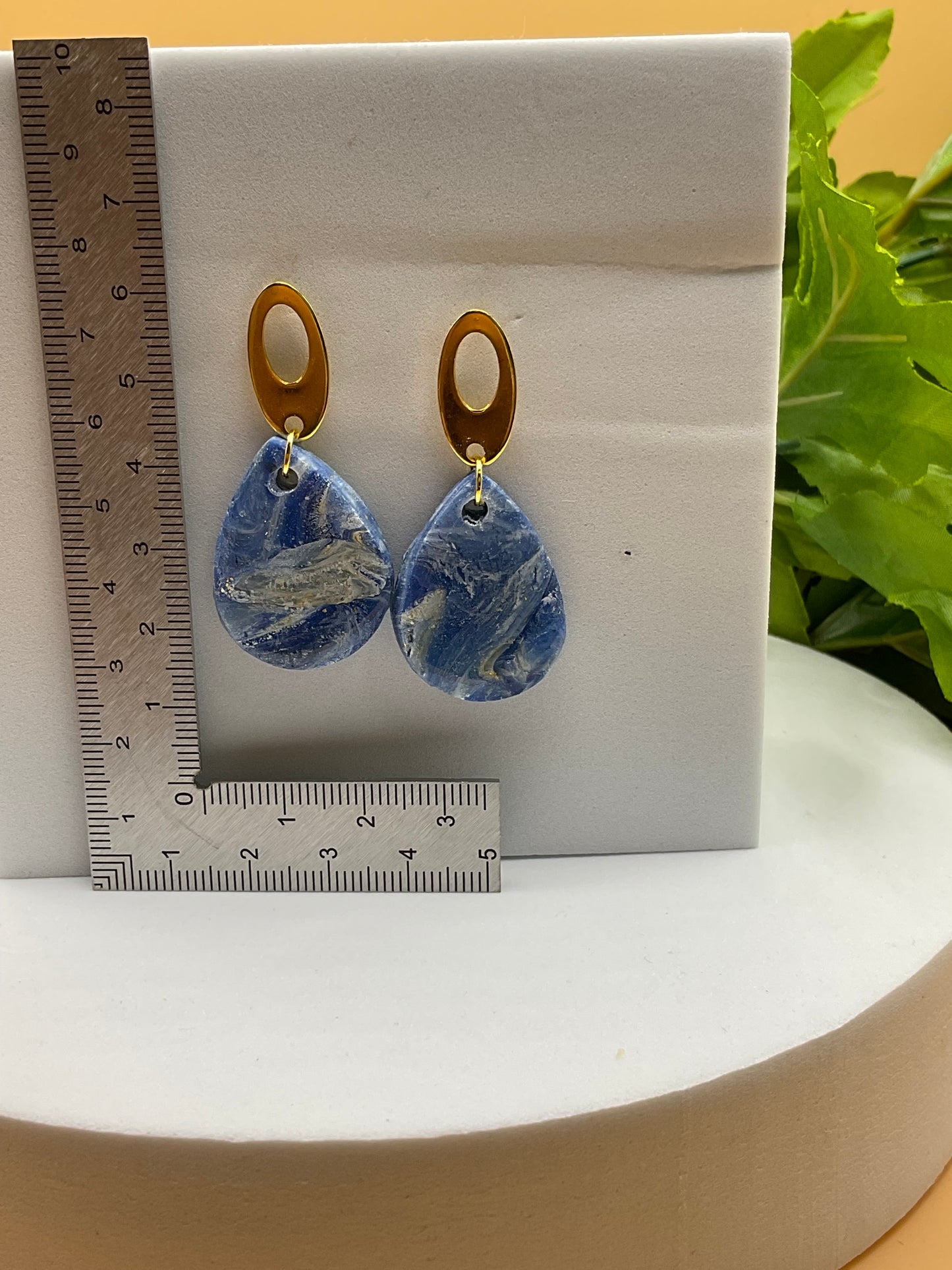 Blue Swirl and Gold Teardrop Polymer Clay Earrings