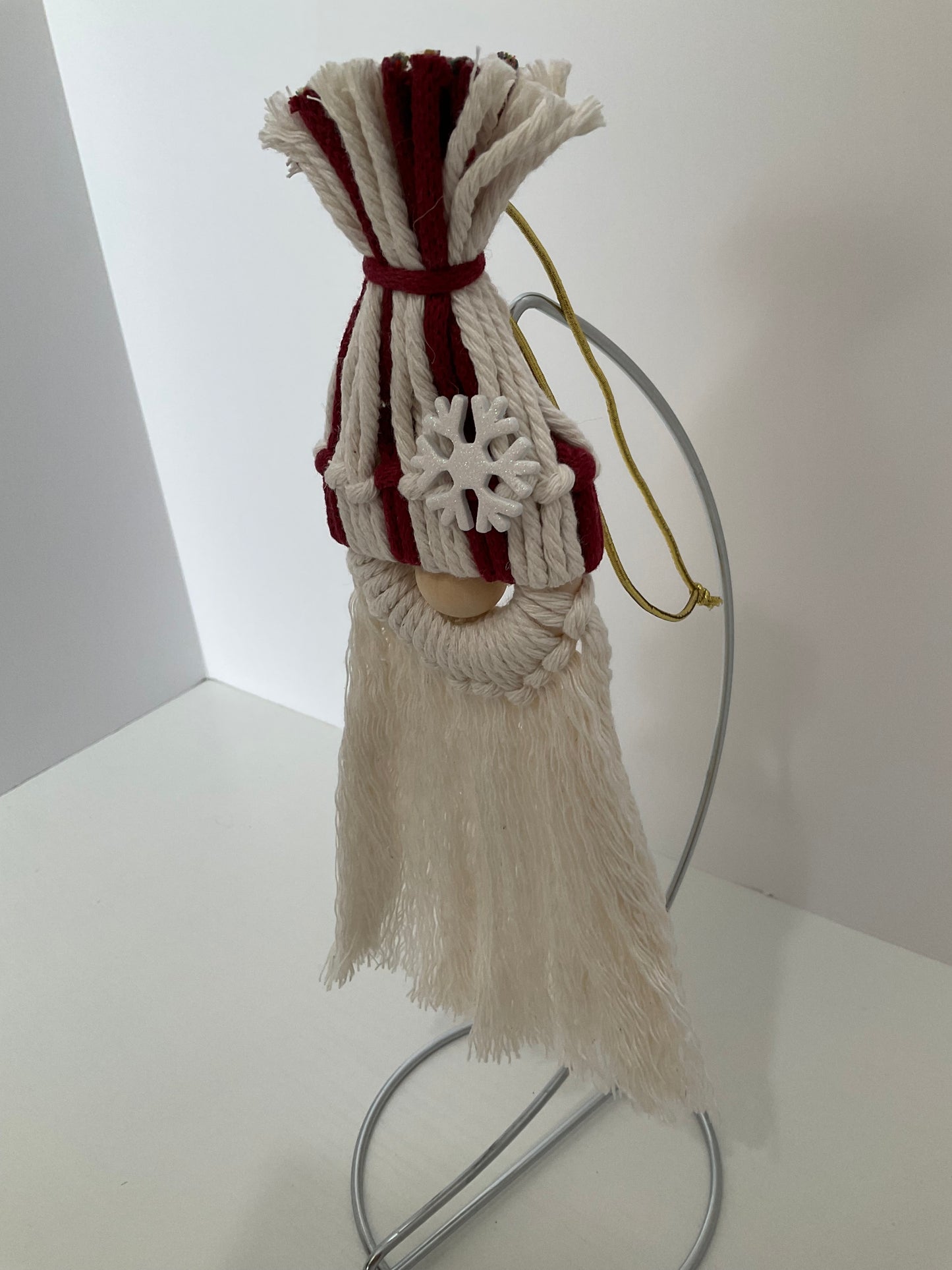 Red and Cream Macrame Gnome Ornament