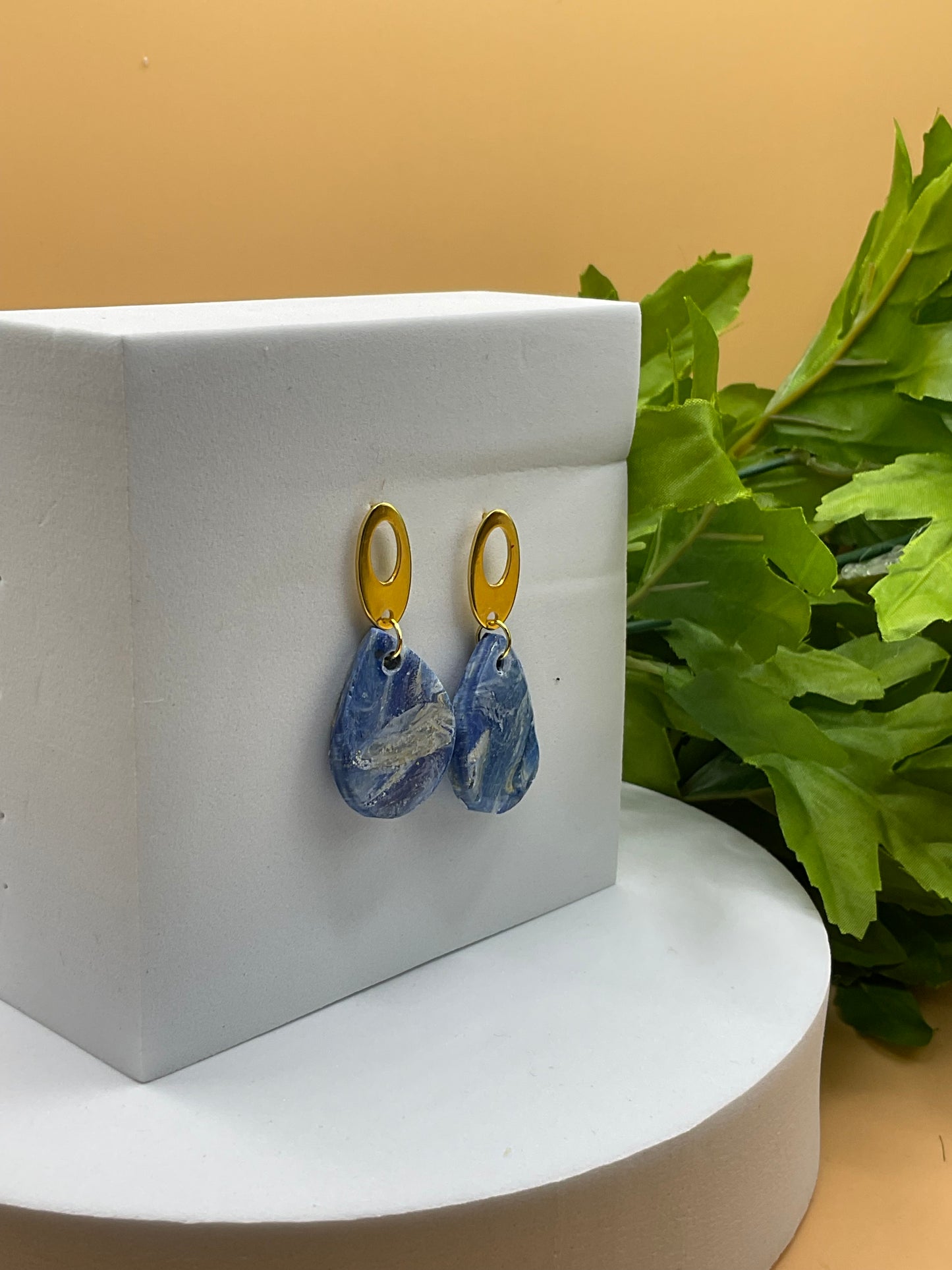 Blue Swirl and Gold Teardrop Polymer Clay Earrings