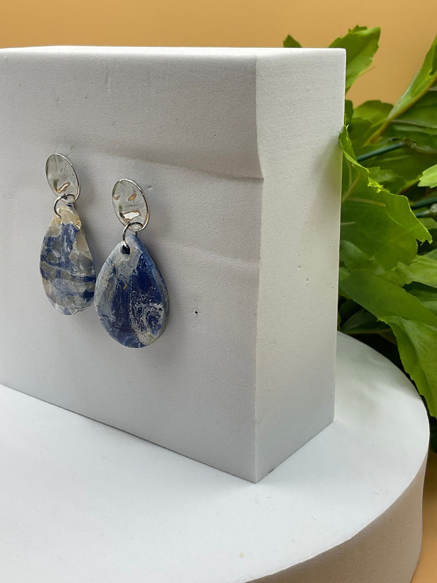 Blue Swirl and Silver Polymer Clay Earrings
