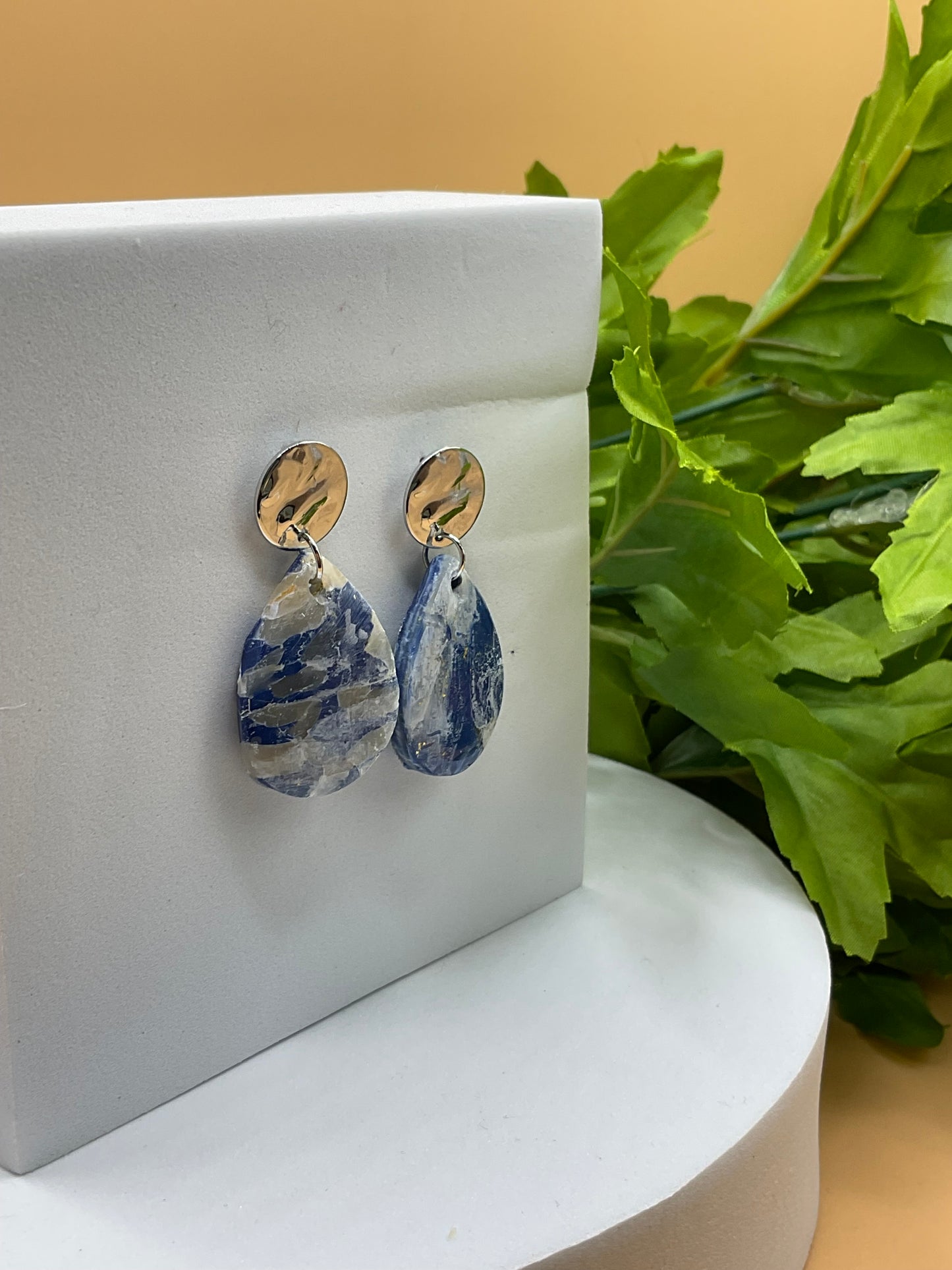 Blue Swirl and Silver Polymer Clay Earrings