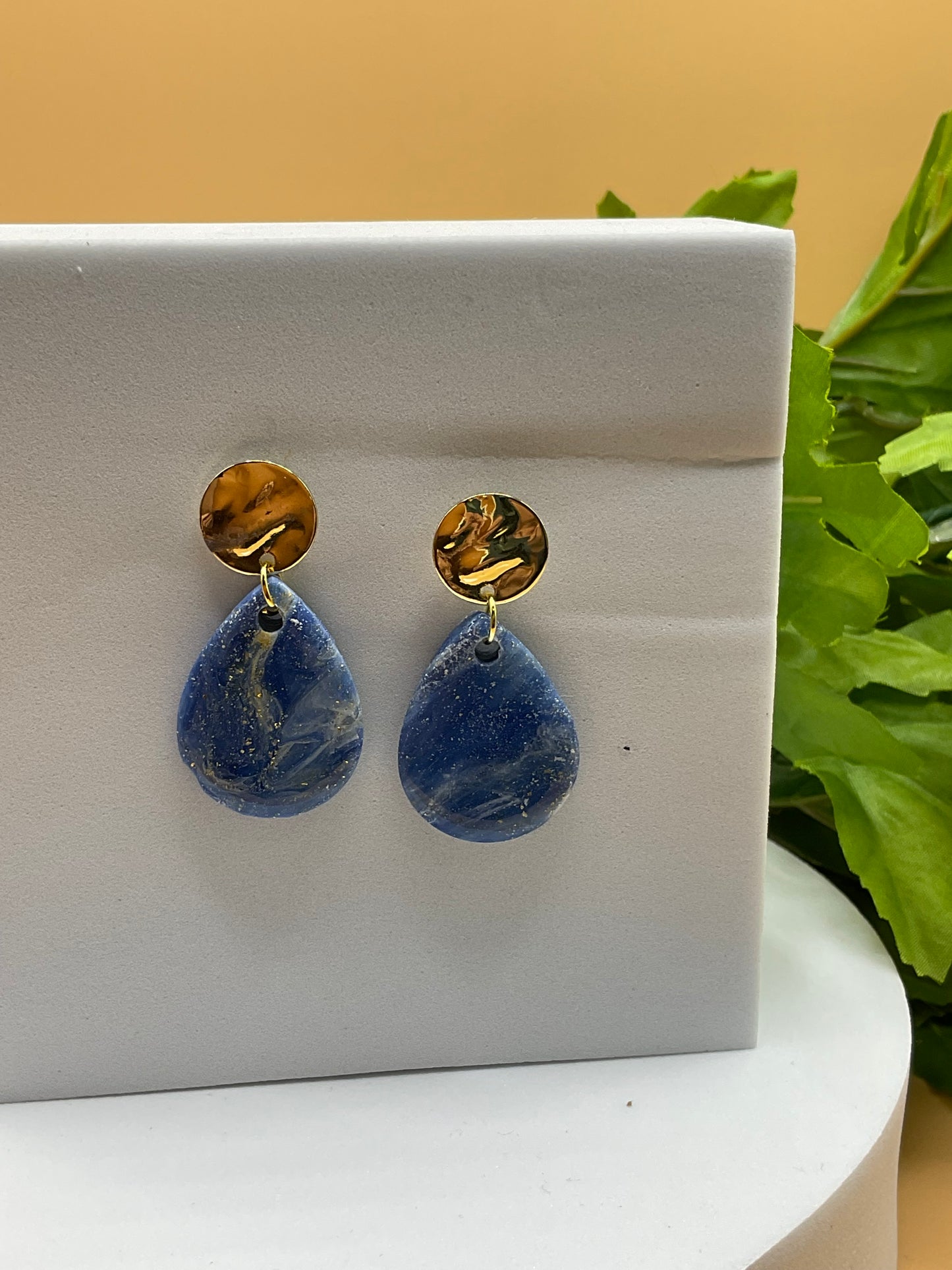 Blue Swirl and Gold Polymer Clay Earrings