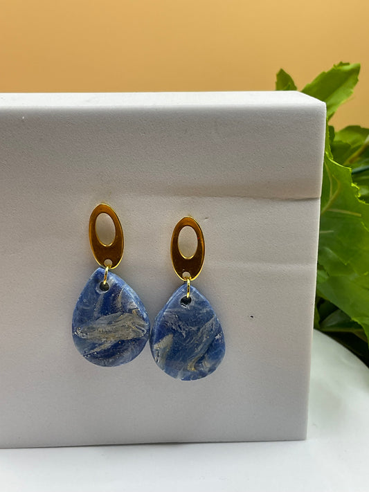 Blue Swirl and Gold Teardrop Polymer Clay Earrings