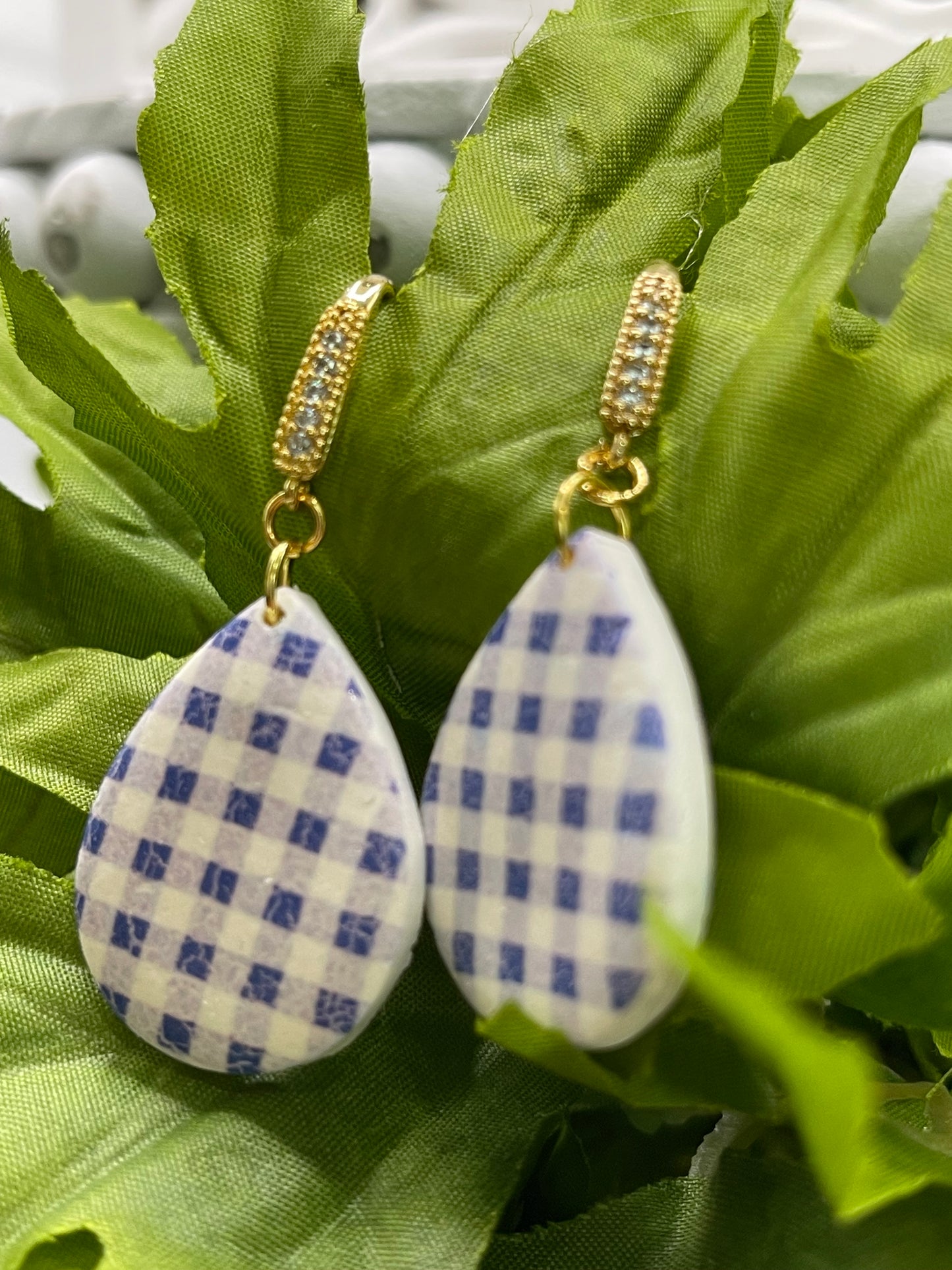Blue Gingham Check Polymer Clay Earrings
