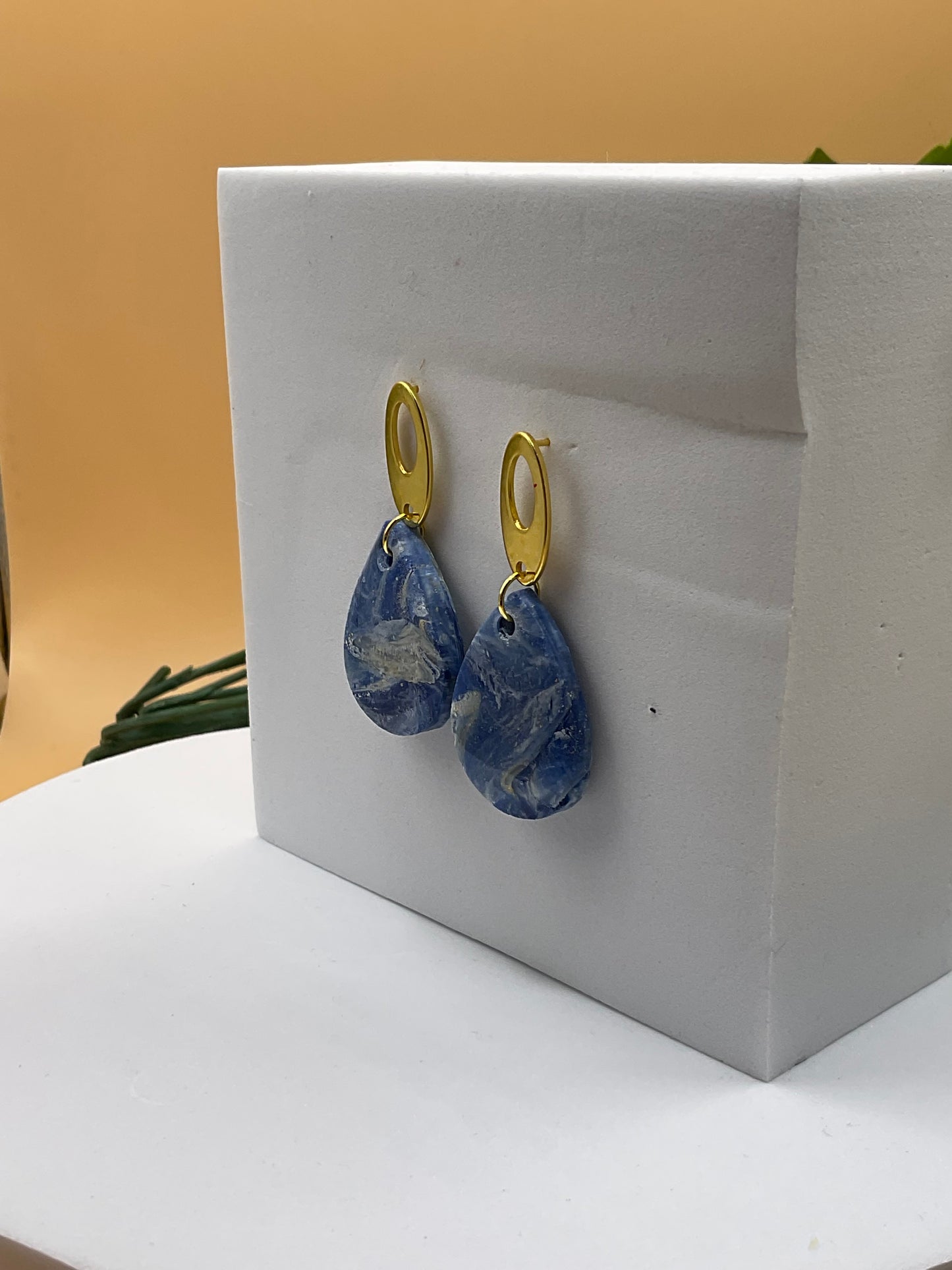 Blue Swirl and Gold Teardrop Polymer Clay Earrings
