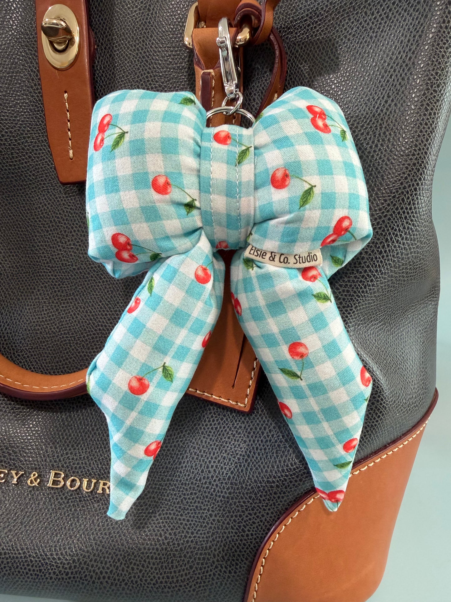 Puffy Bow Purse Charm, Blue Gingham with Cherries Print