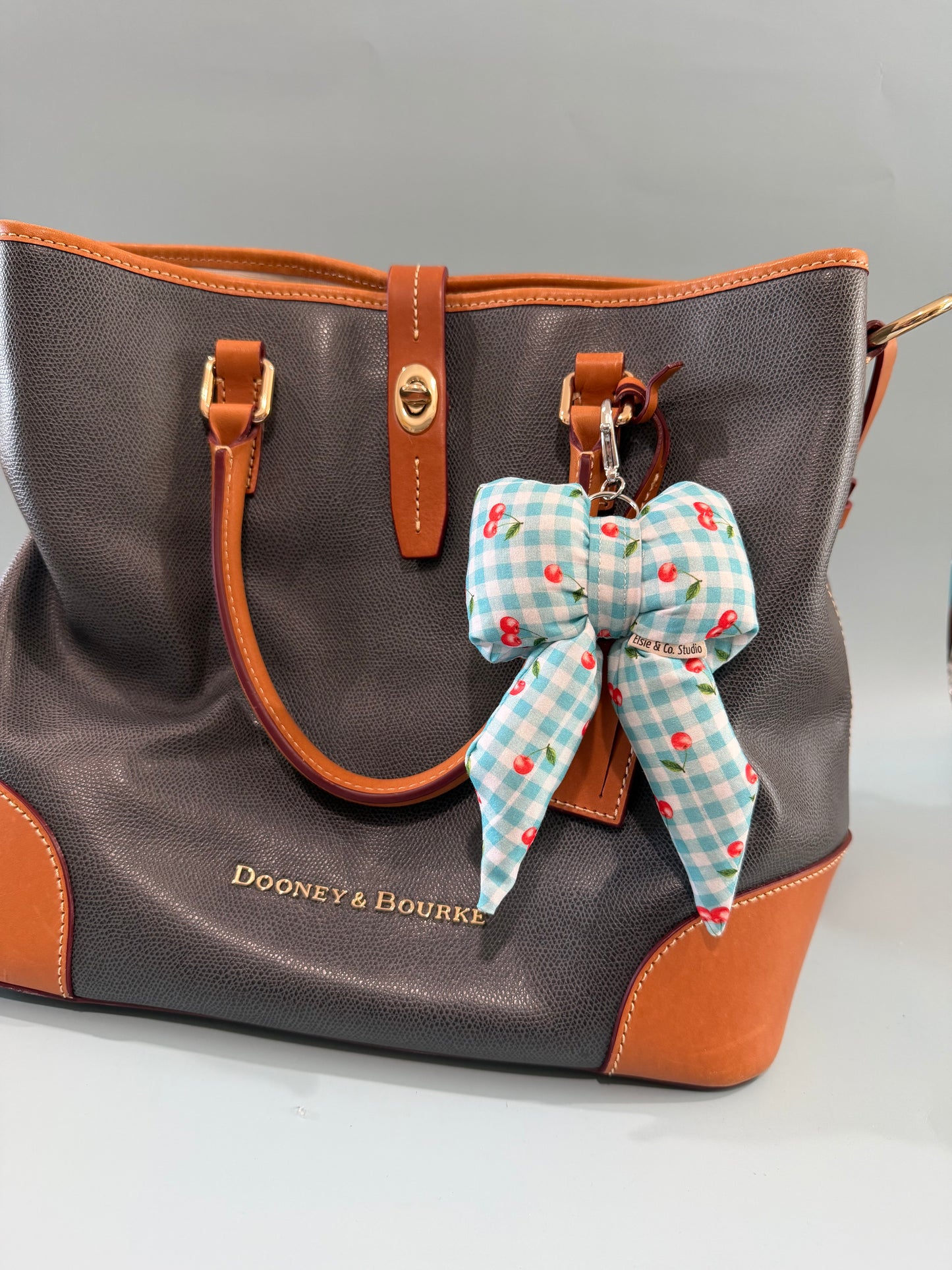 Puffy Bow Purse Charm, Blue Gingham with Cherries Print