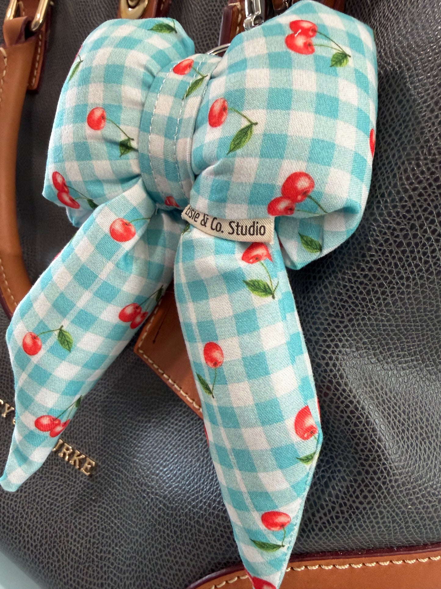 Puffy Bow Purse Charm, Blue Gingham with Cherries Print