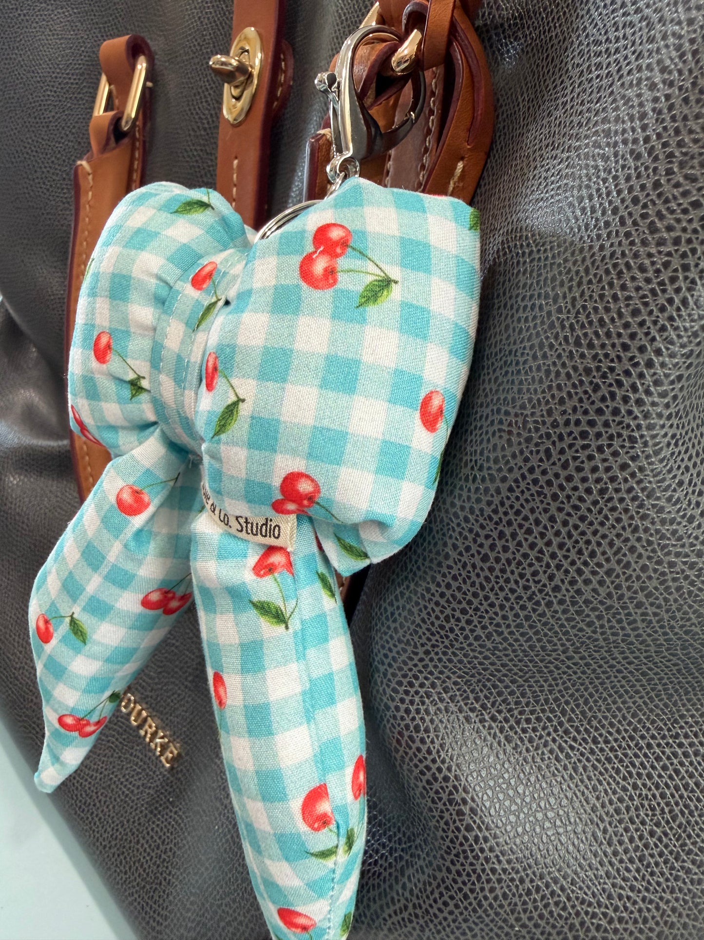 Puffy Bow Purse Charm, Blue Gingham with Cherries Print