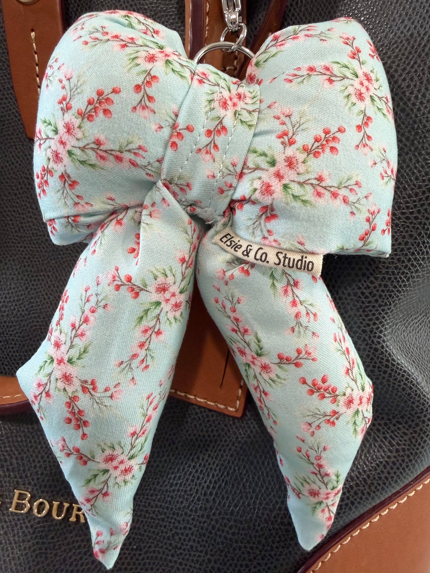 Puffy Bow Purse Charm, Petite Floral Print on Light Blue Background