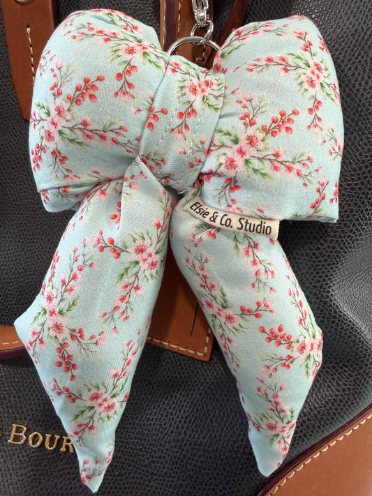 Puffy Bow Purse Charm, Petite Floral Print on Light Blue Background