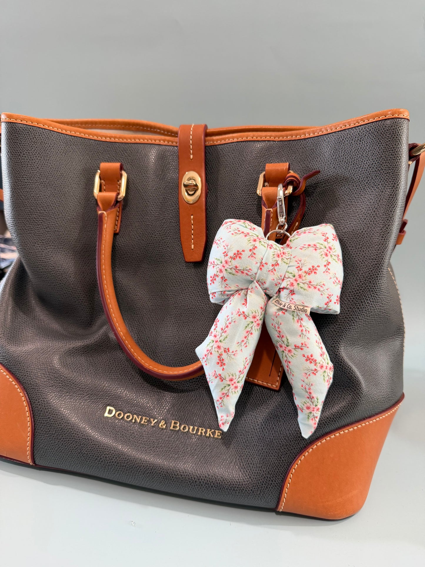Puffy Bow Purse Charm, Petite Floral Print on Light Blue Background