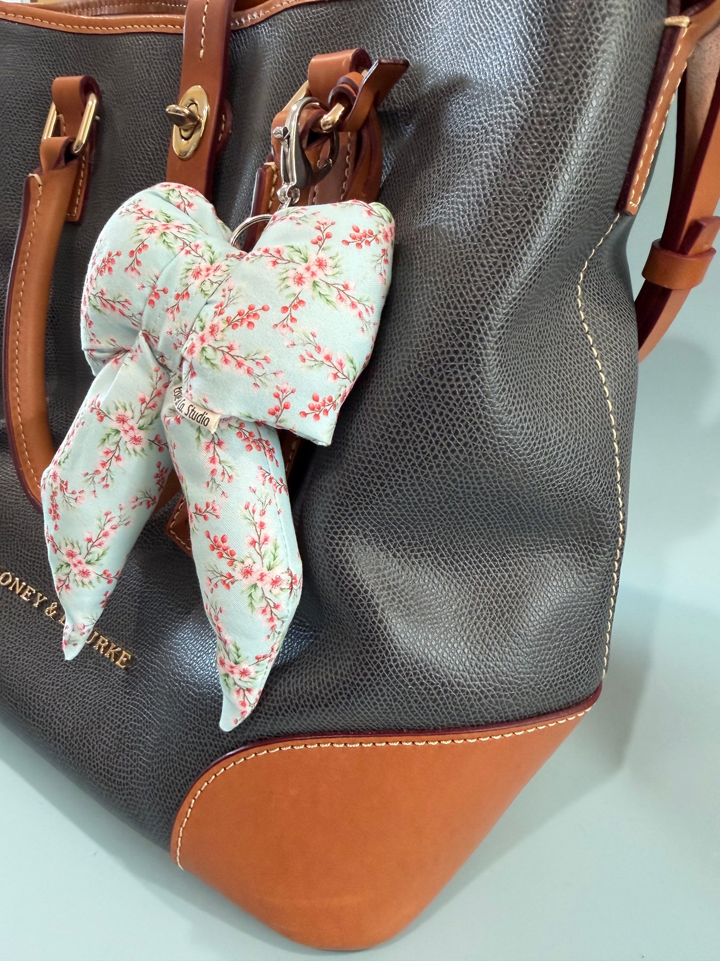 Puffy Bow Purse Charm, Petite Floral Print on Light Blue Background