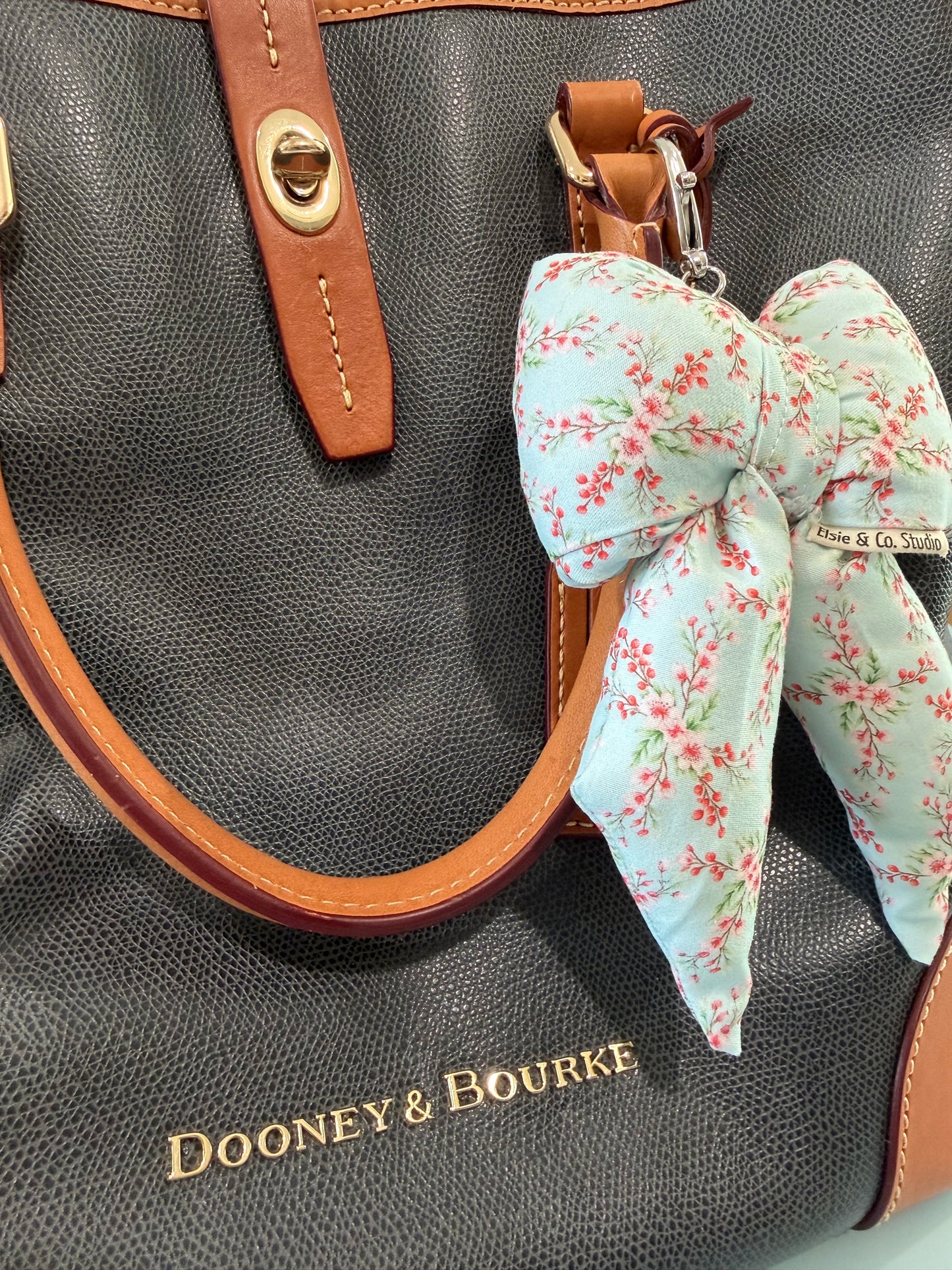 Puffy Bow Purse Charm, Petite Floral Print on Light Blue Background