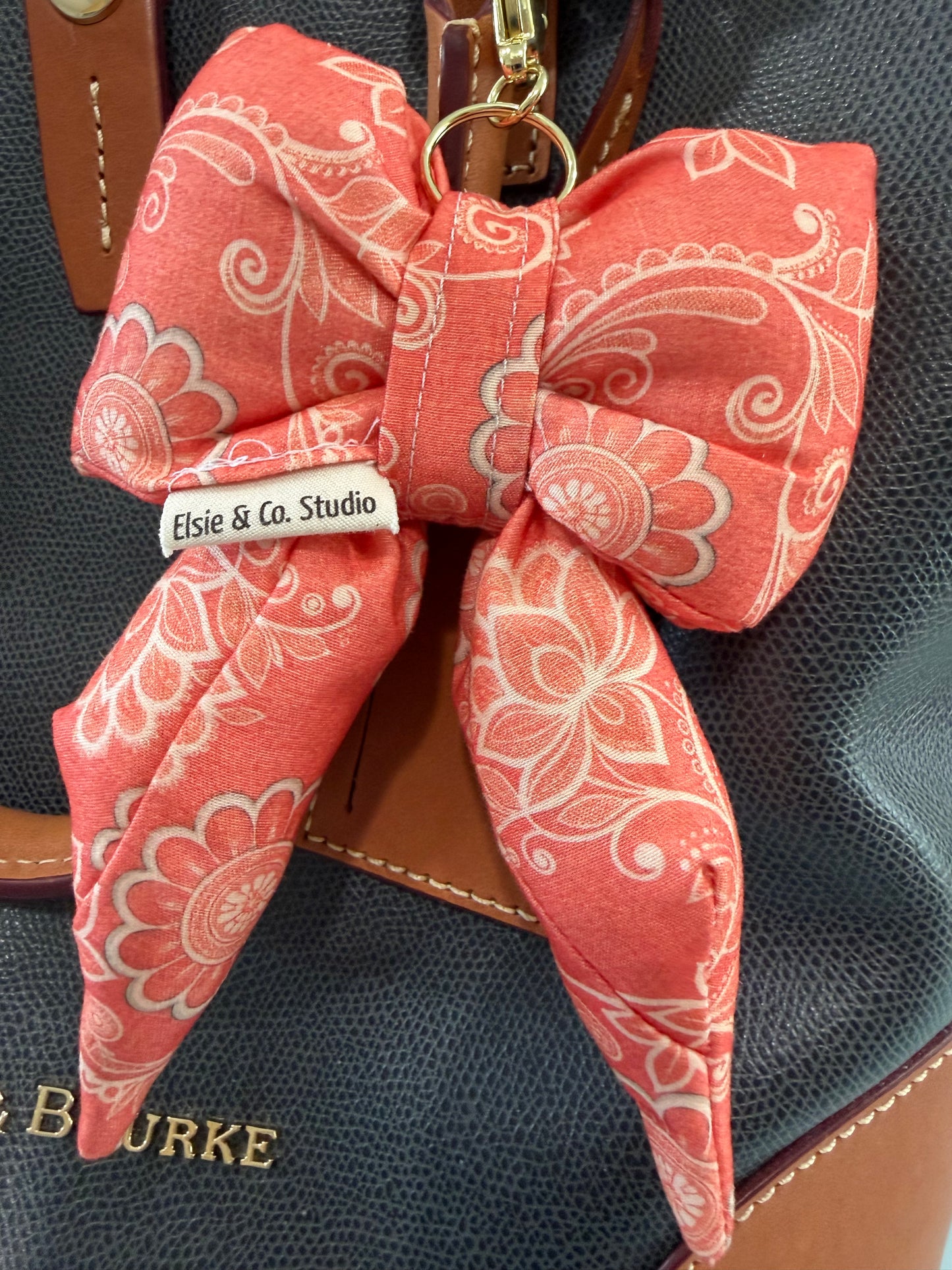 Puffy Bow Purse Charm, Dark Peach and Ivory Floral Print