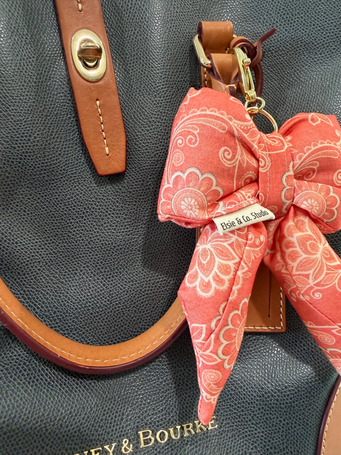 Puffy Bow Purse Charm, Dark Peach and Ivory Floral Print